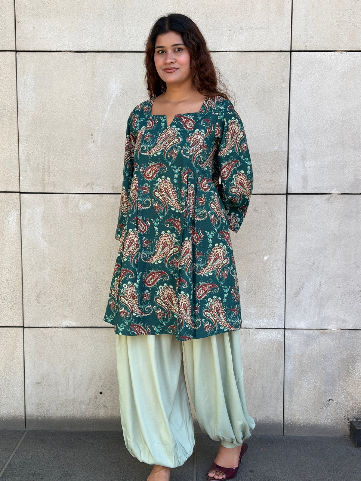 Teal Paisley Balloon Salwar Kurta Set