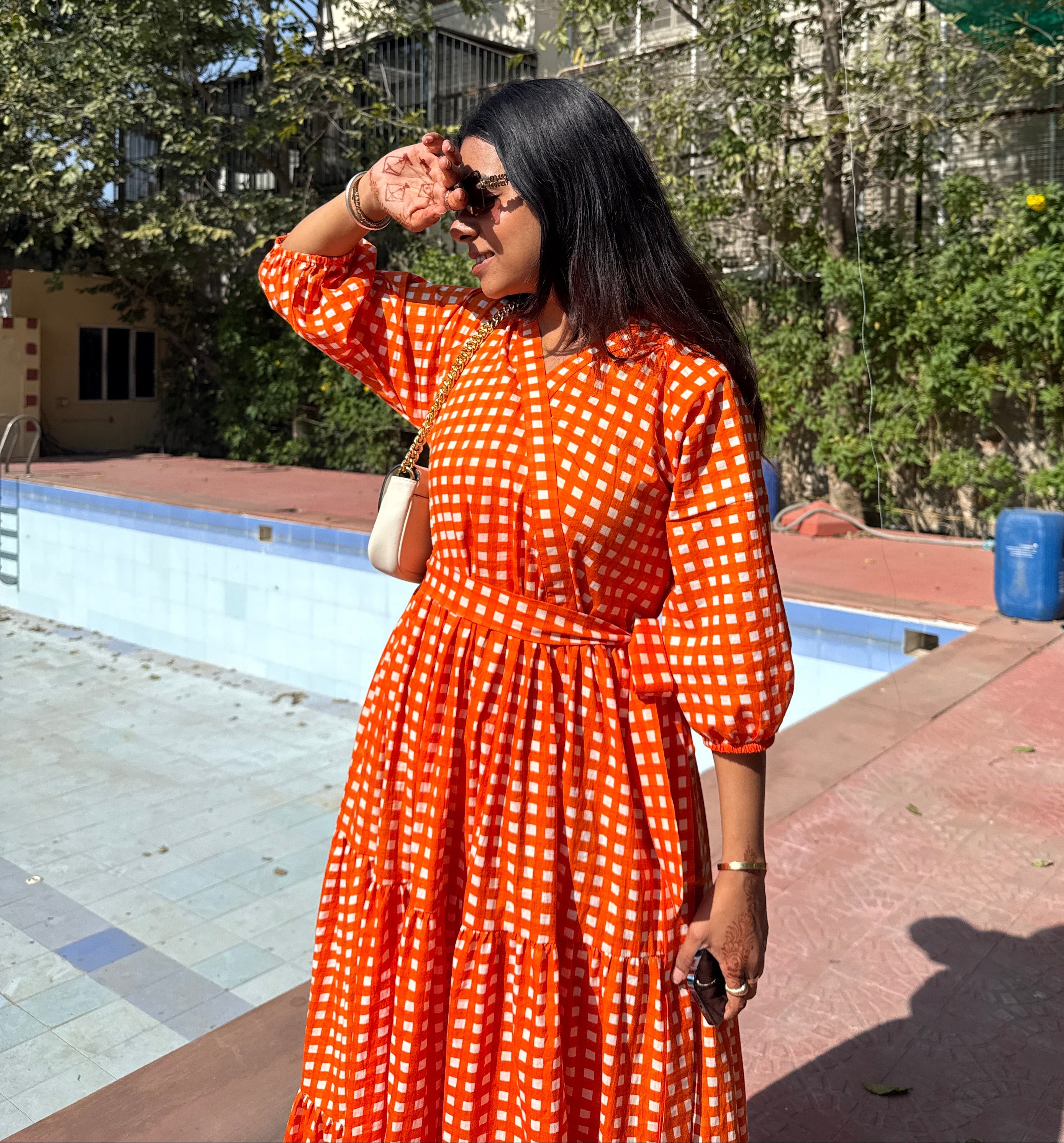 Orange Gingham Tiered Long Dress