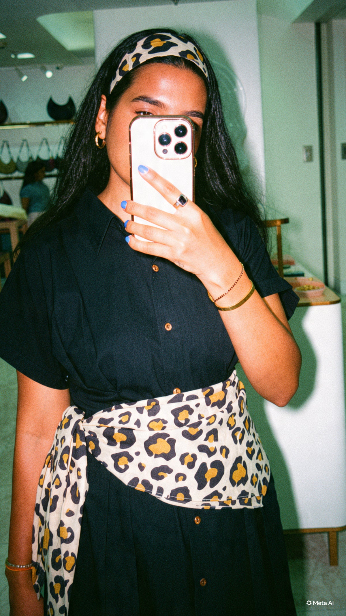 Black poplin fitted waist dress with leopard scarf & headband