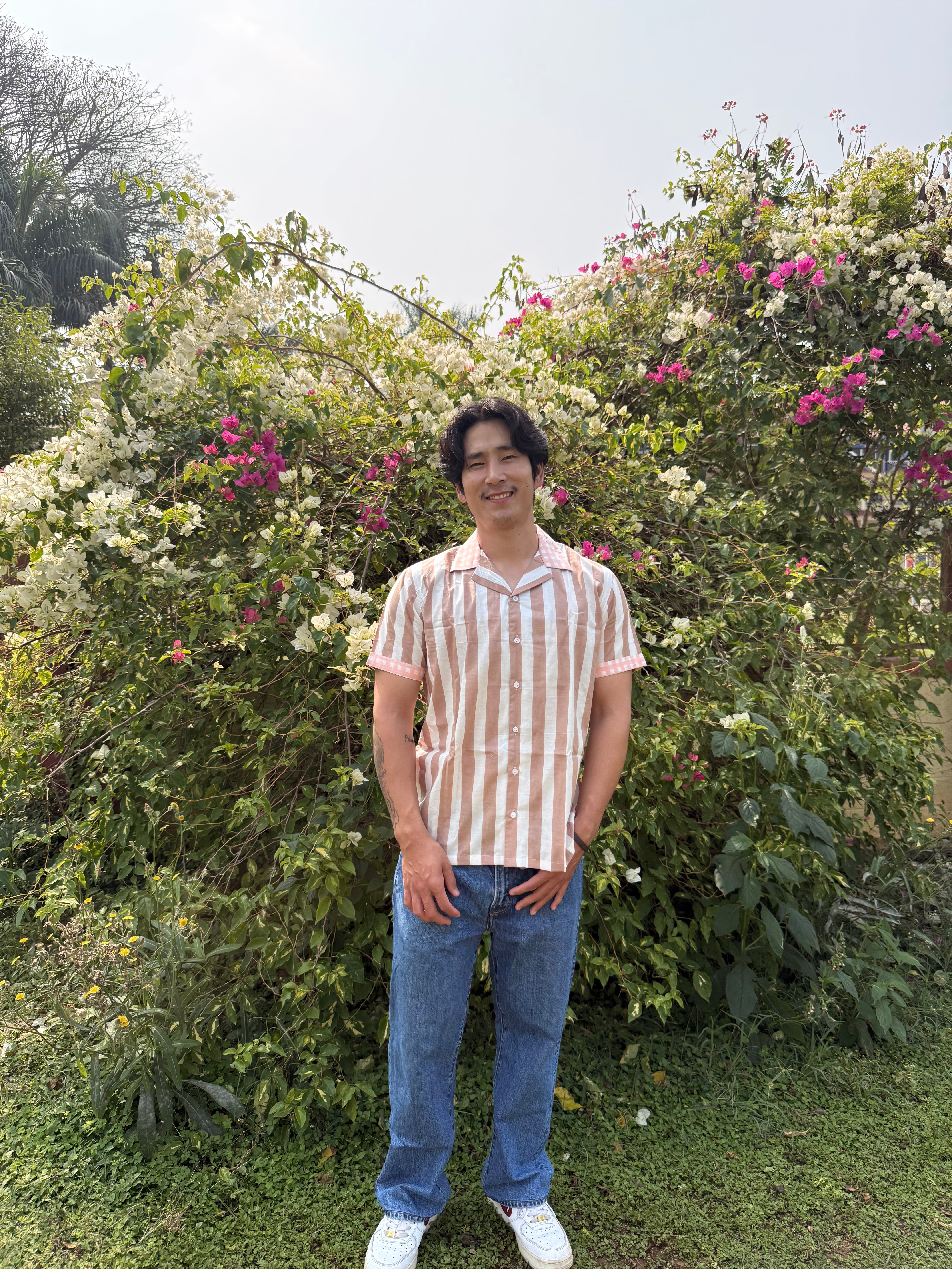 Beige Striped Contrast collar Menʼs Shirt