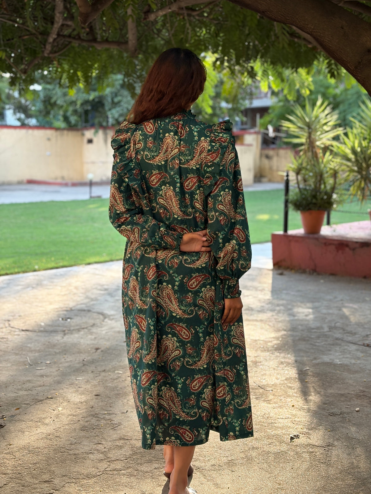 Teal Paisley Ruffle Long Dress