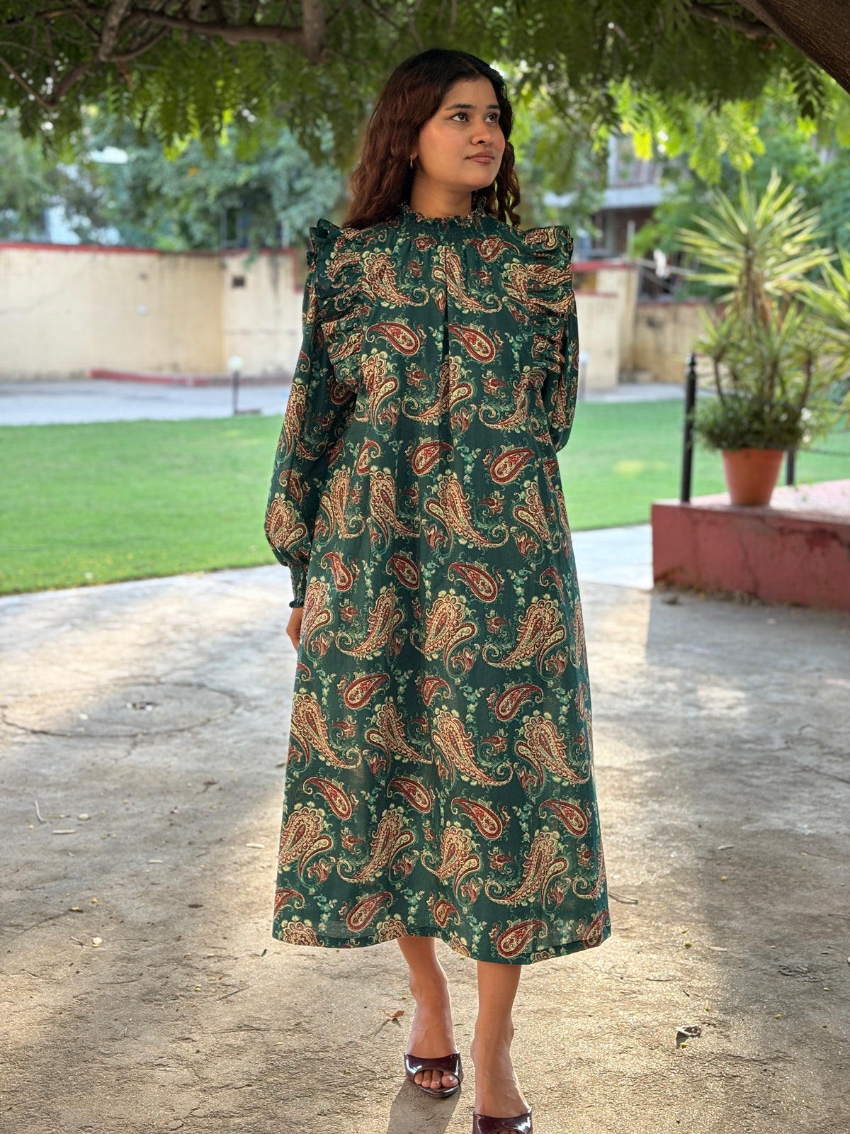 Teal Paisley Ruffle Long Dress