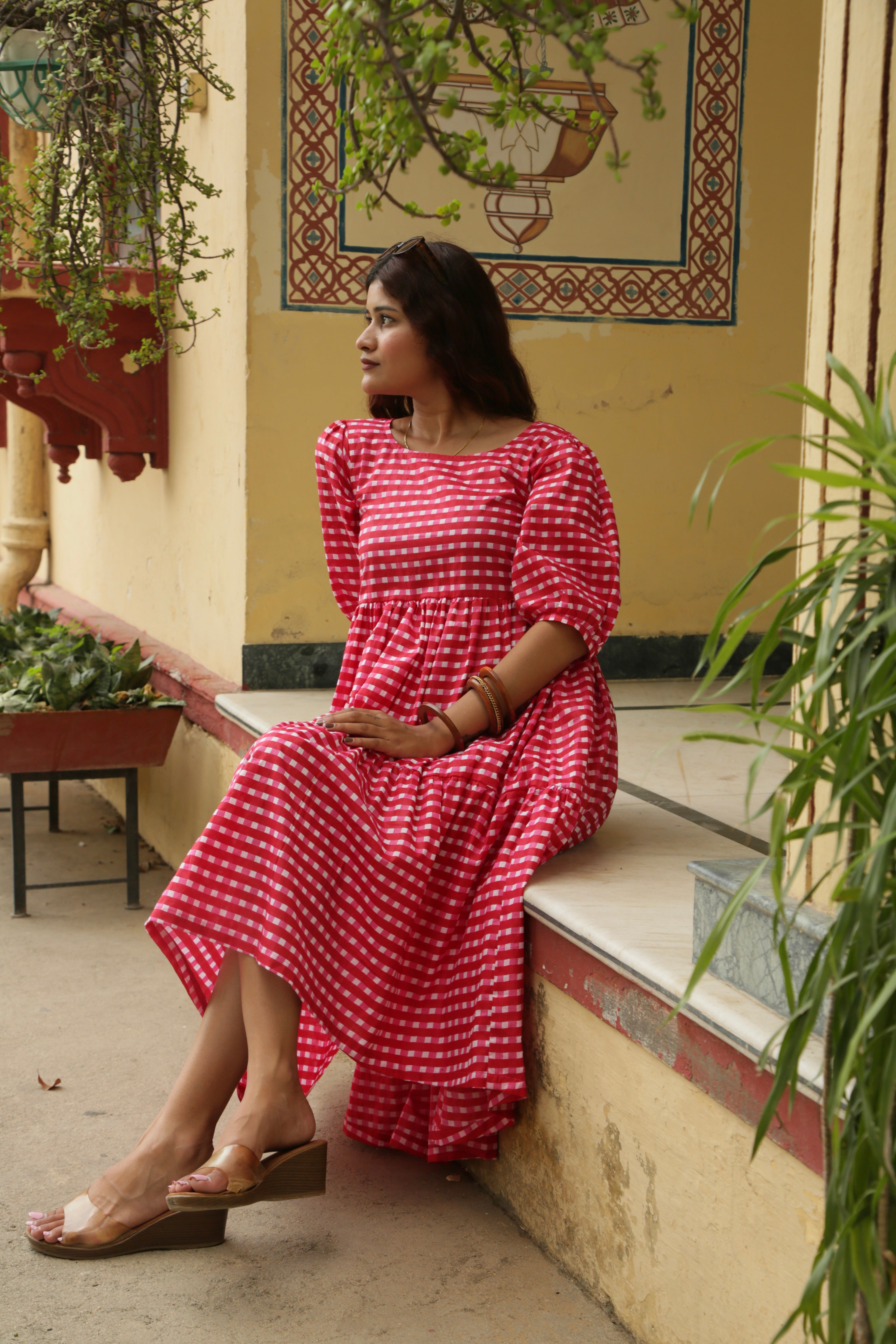 Red-Pink Gingham Loose fit Dress