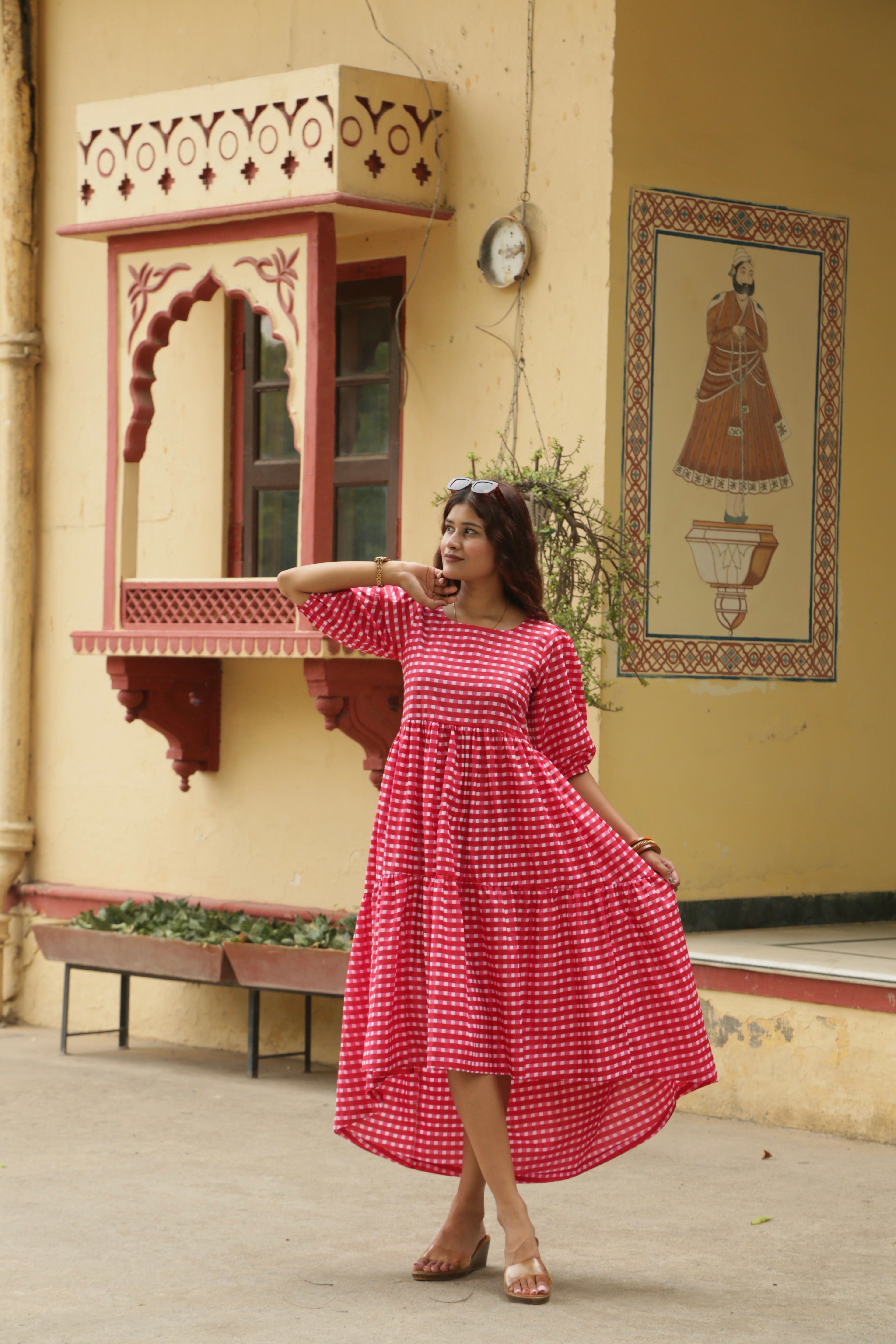 Red-Pink Gingham Loose fit Dress