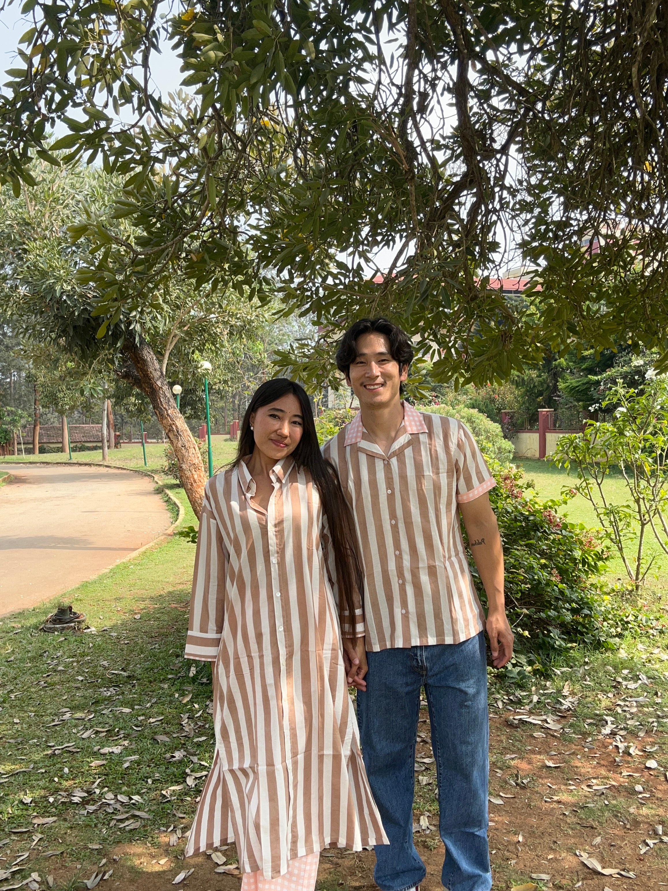 Striped with Contrast collar Matching Couple Set