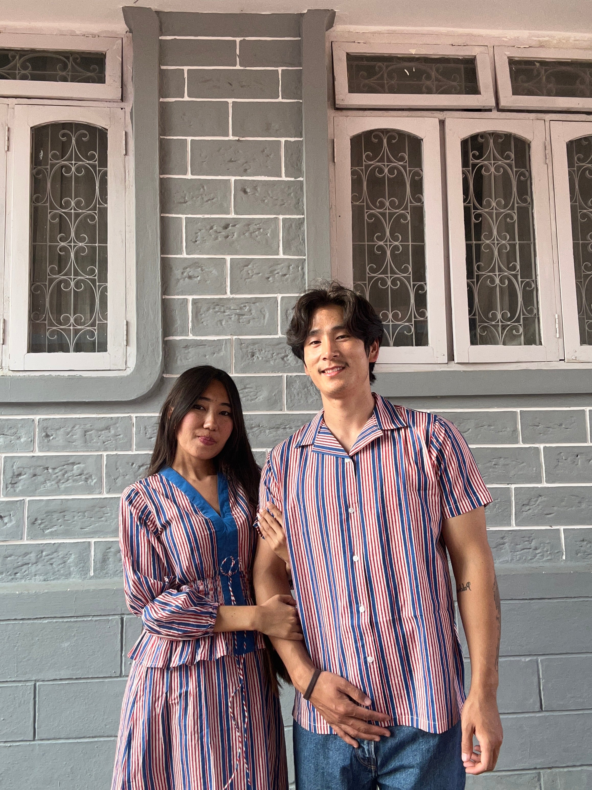 Red Blue Striped Matching Couple Set