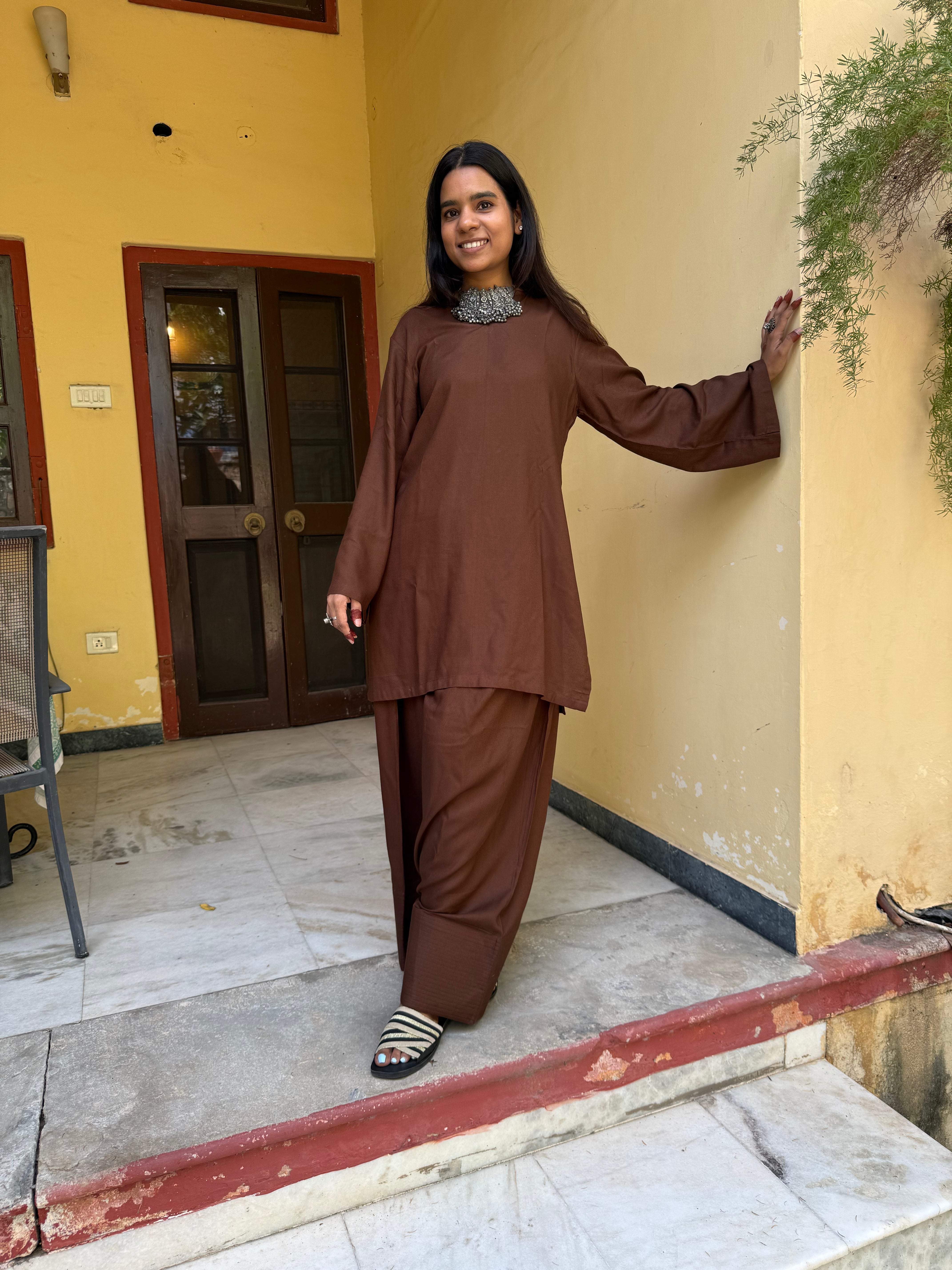 Coffee Brown Solid Farshi Salwar Set