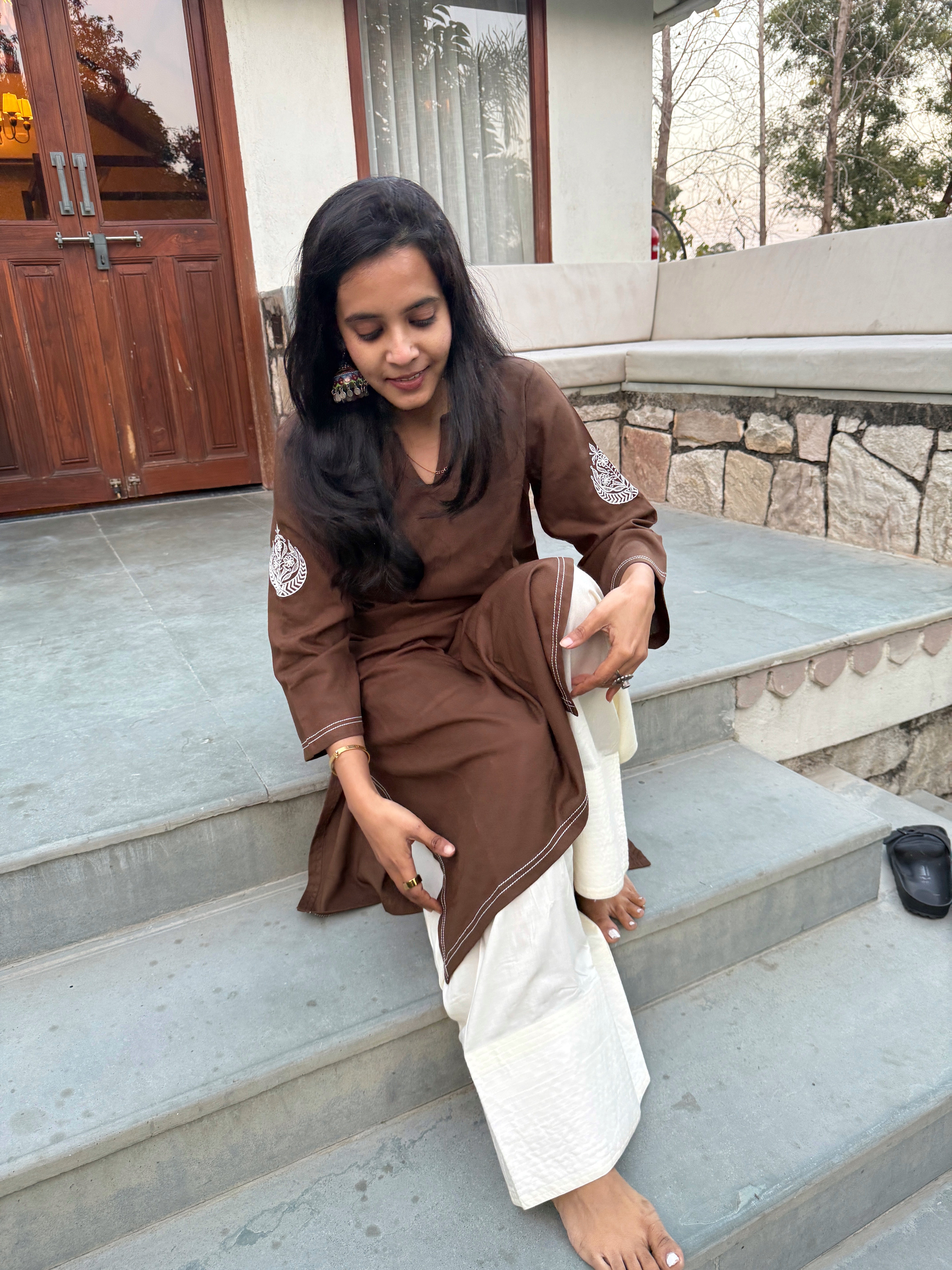 Embroidered Coffee Brown Long Farshi Salwar Set