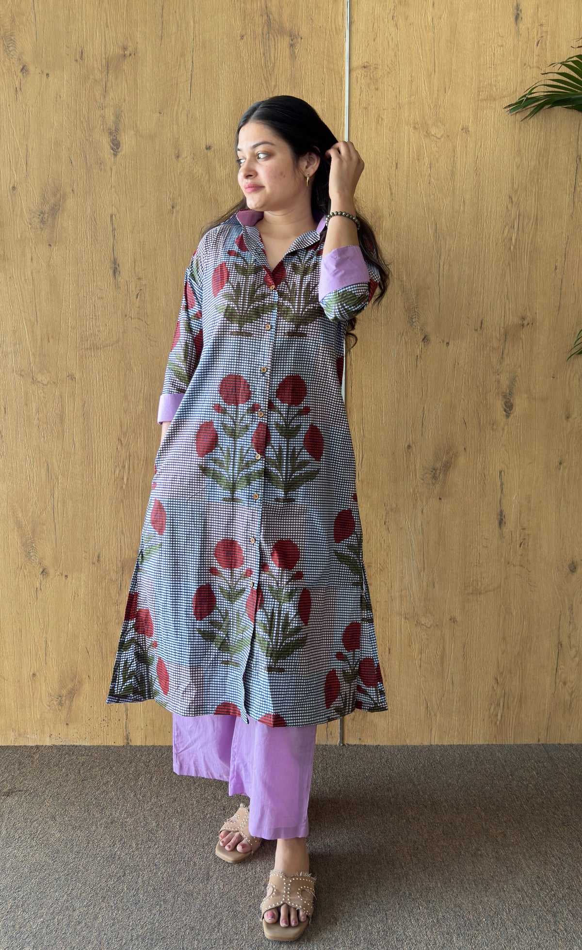 Floral Gingham Tunic with Purple Pant set