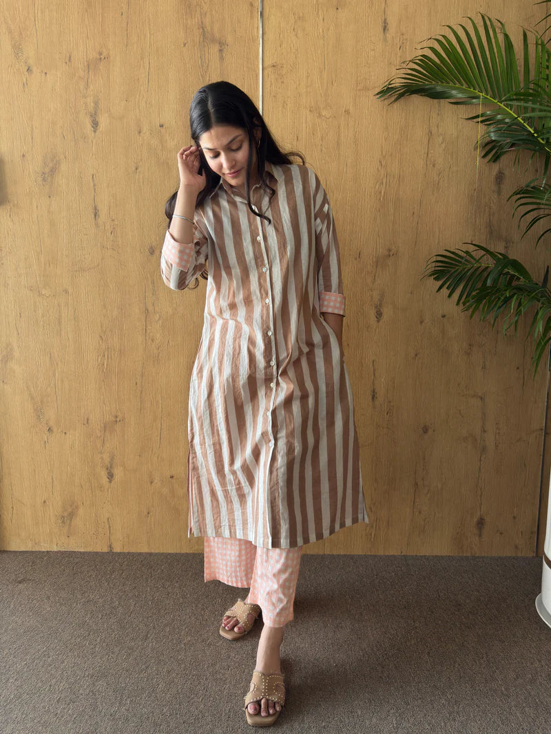 Striped with Contrast collar Matching Couple Set