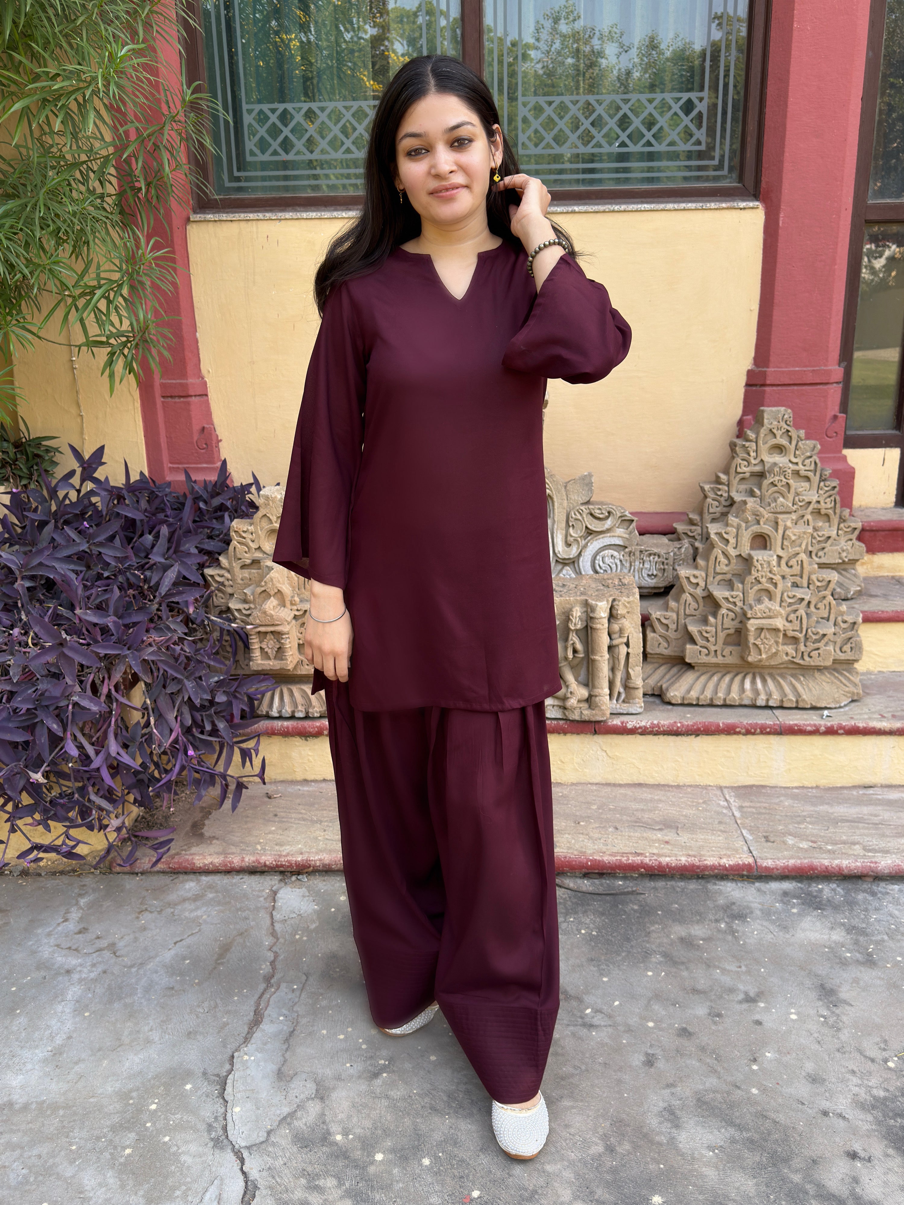 Burgundy Solid Farshi Salwar Set