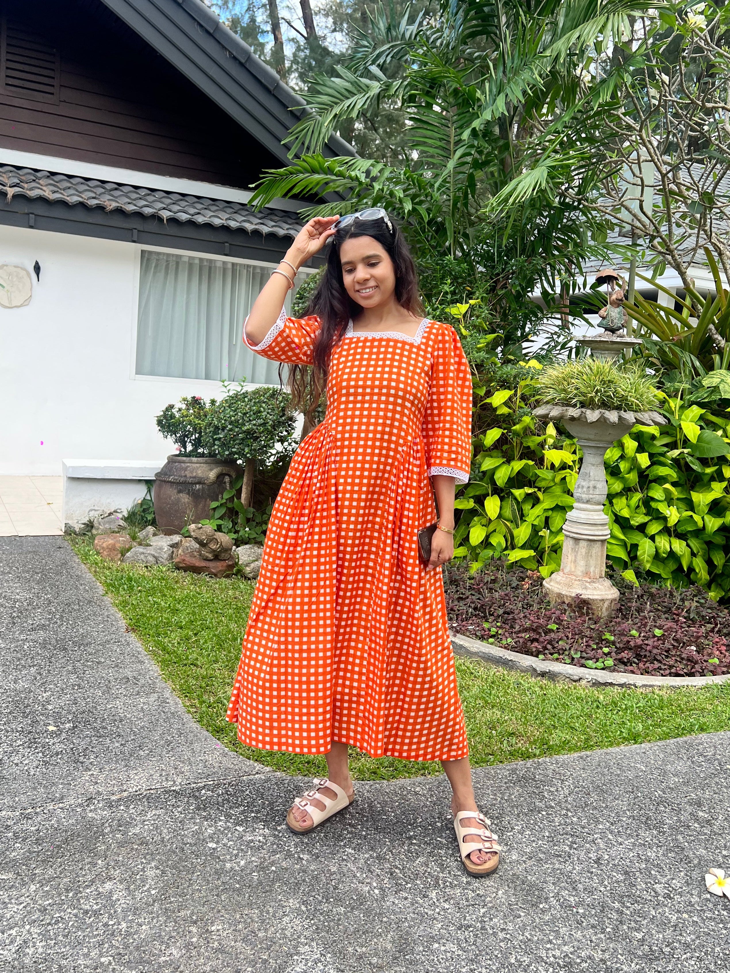 Sunset Orange Gingham Cotton Midi Dress
