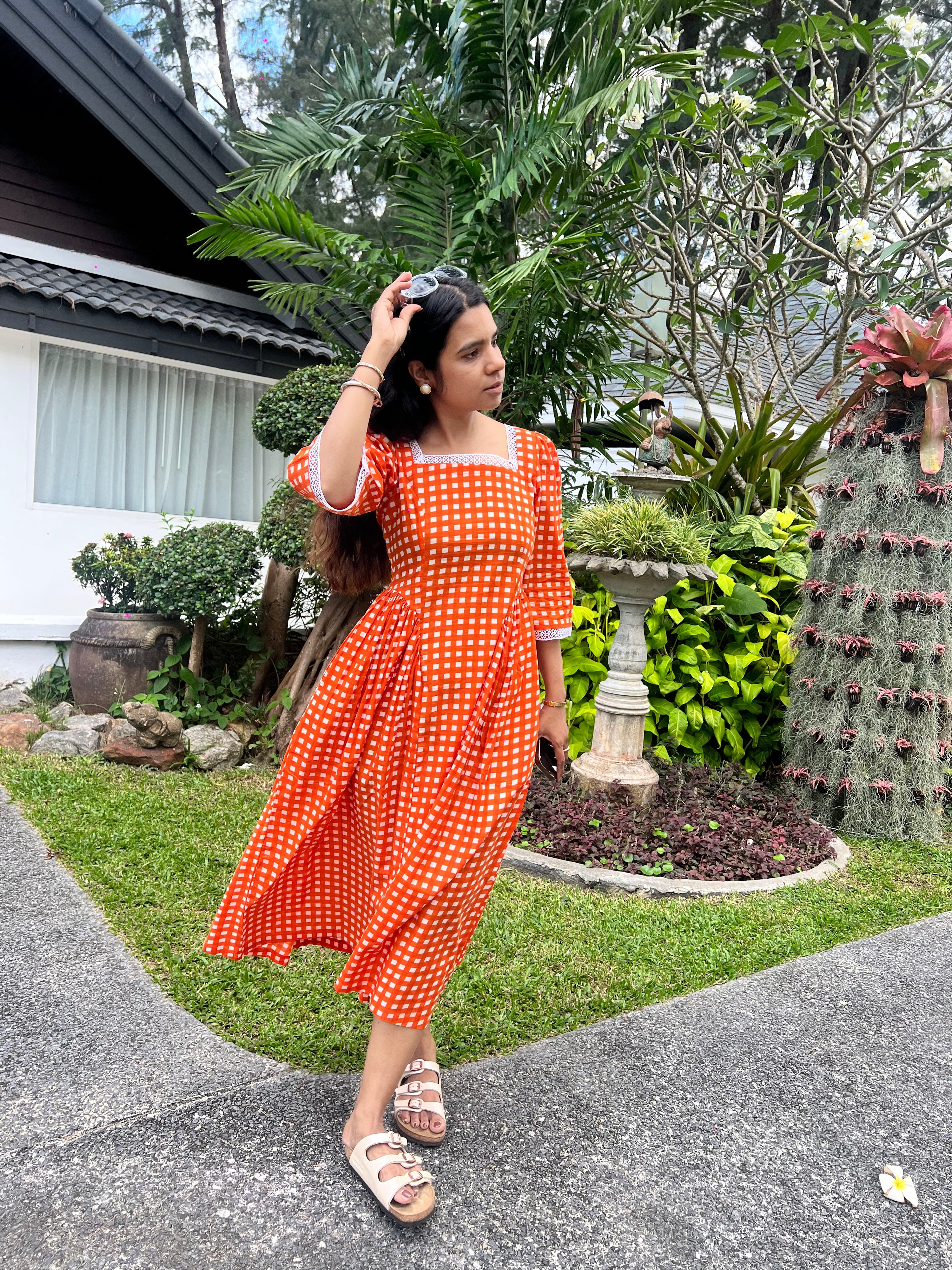 Sunset Orange Gingham Cotton Midi Dress