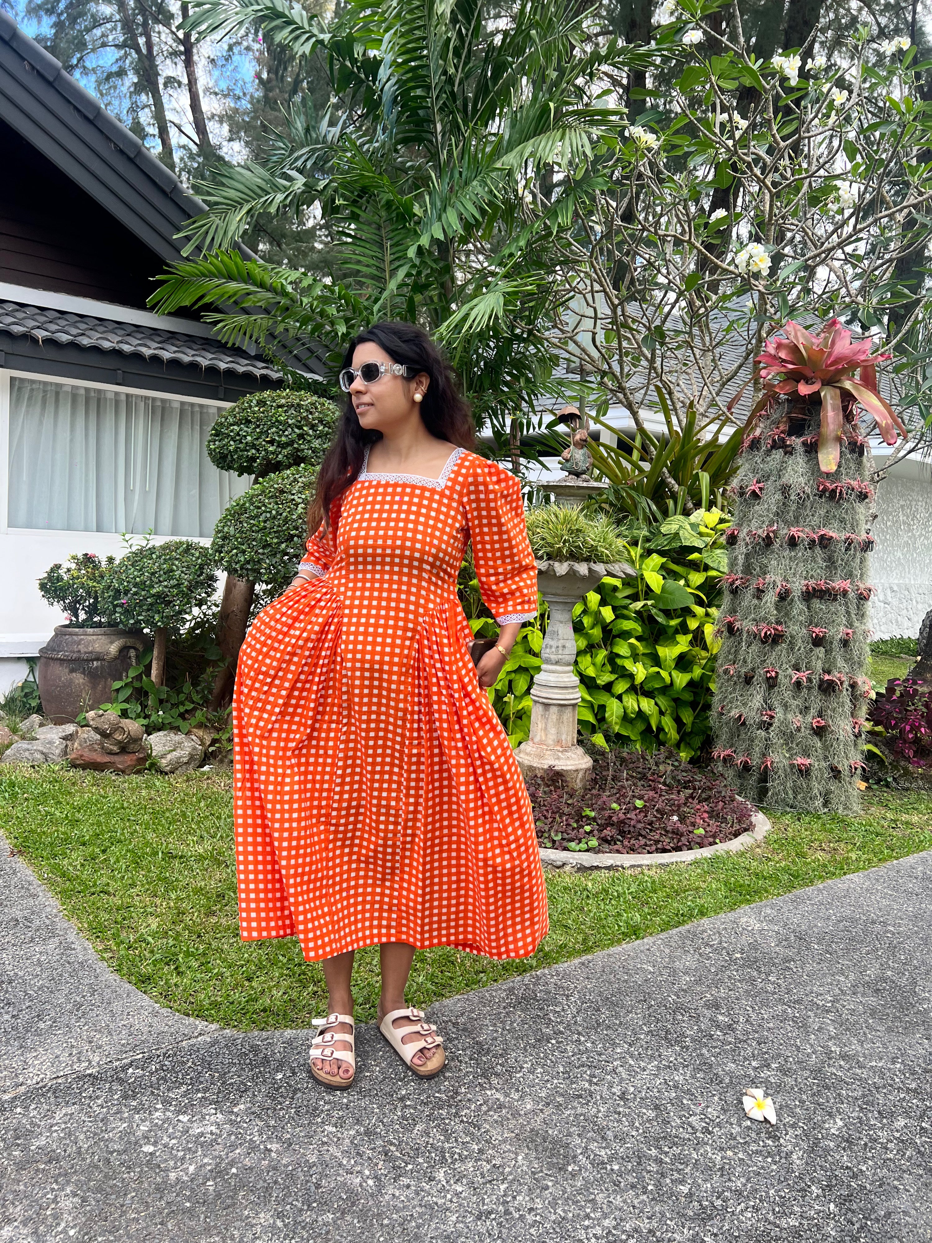 Sunset Orange Gingham Cotton Midi Dress