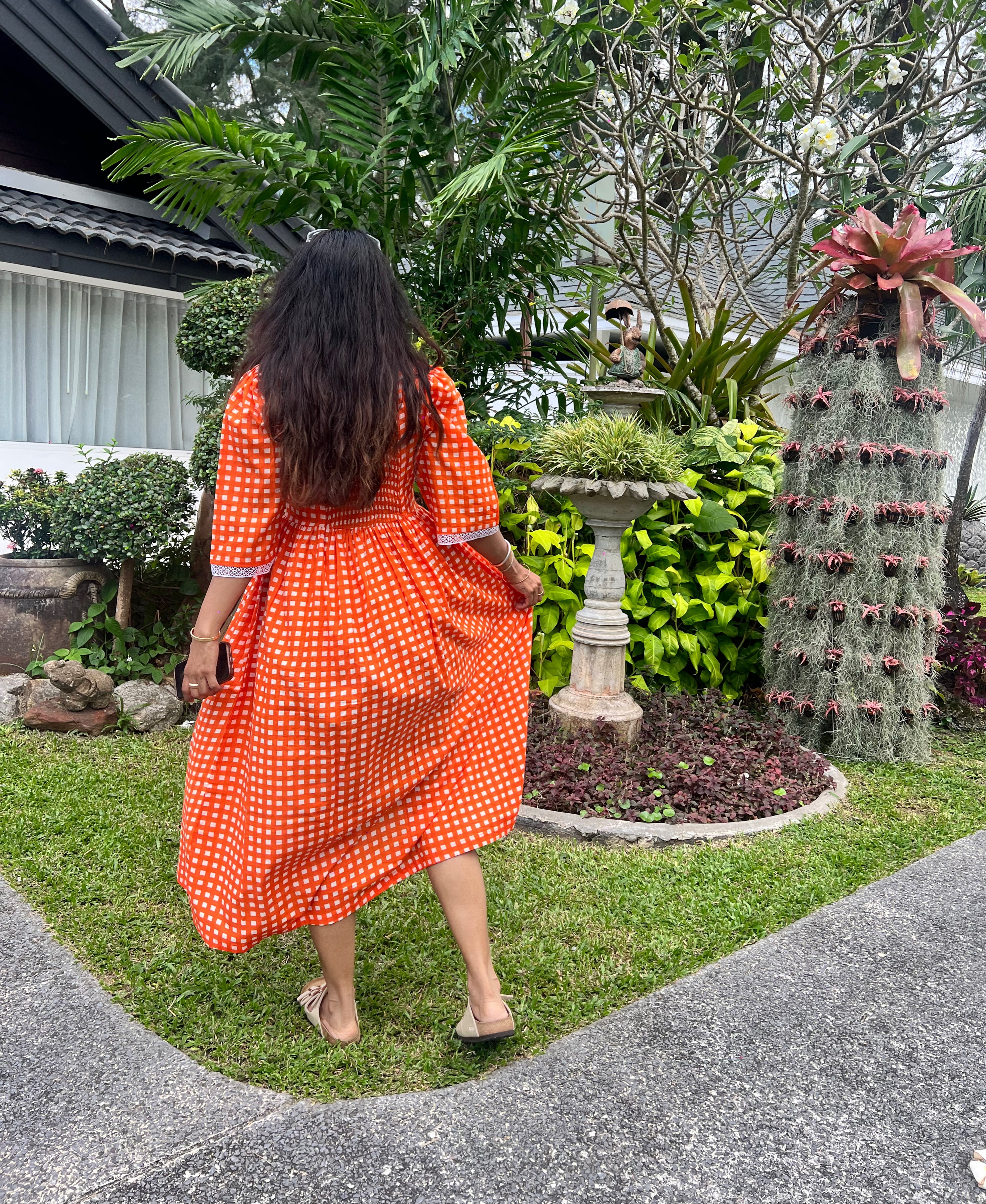 Sunset Orange Gingham Cotton Midi Dress