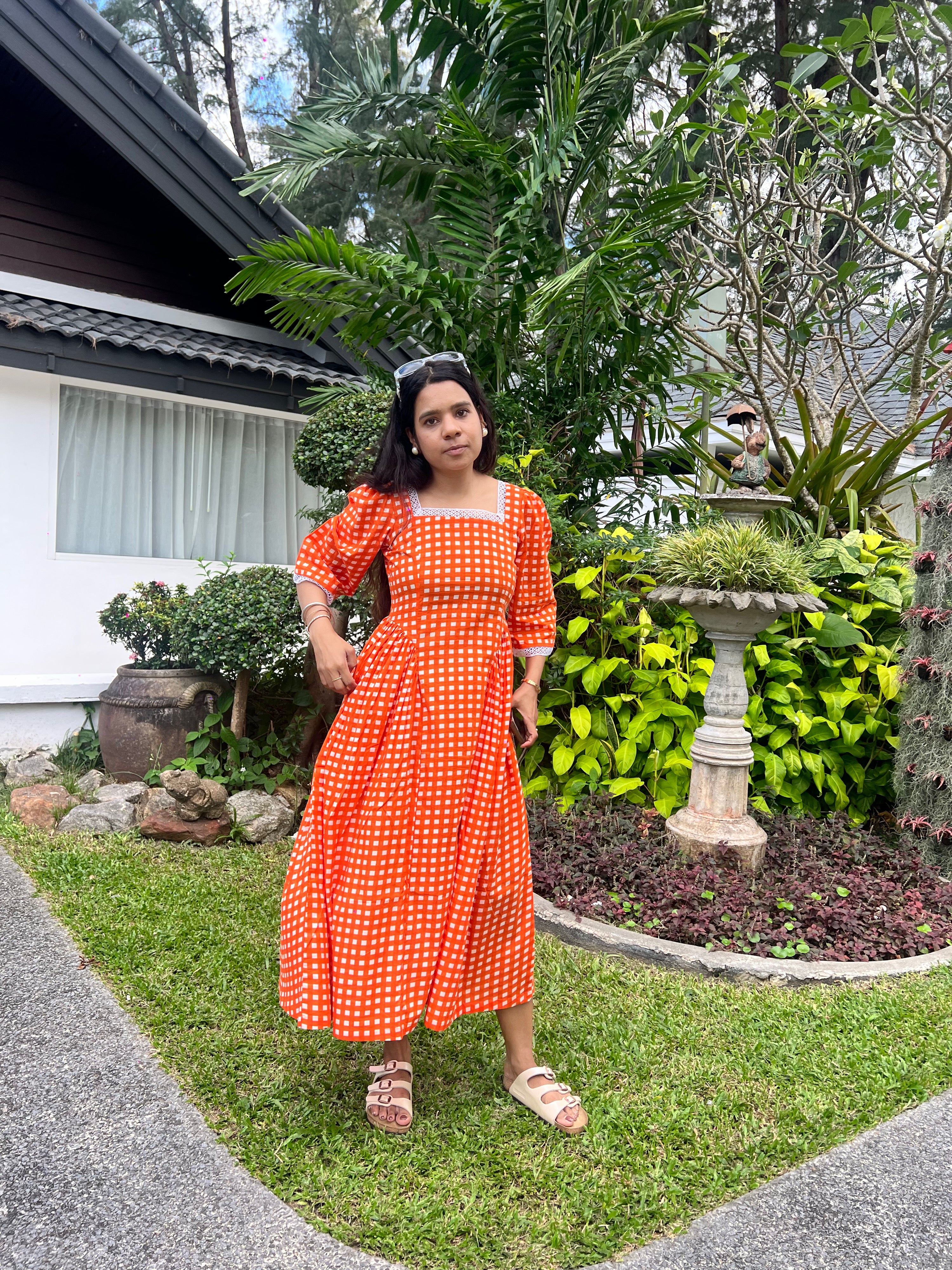 Sunset Orange Gingham Cotton Midi Dress