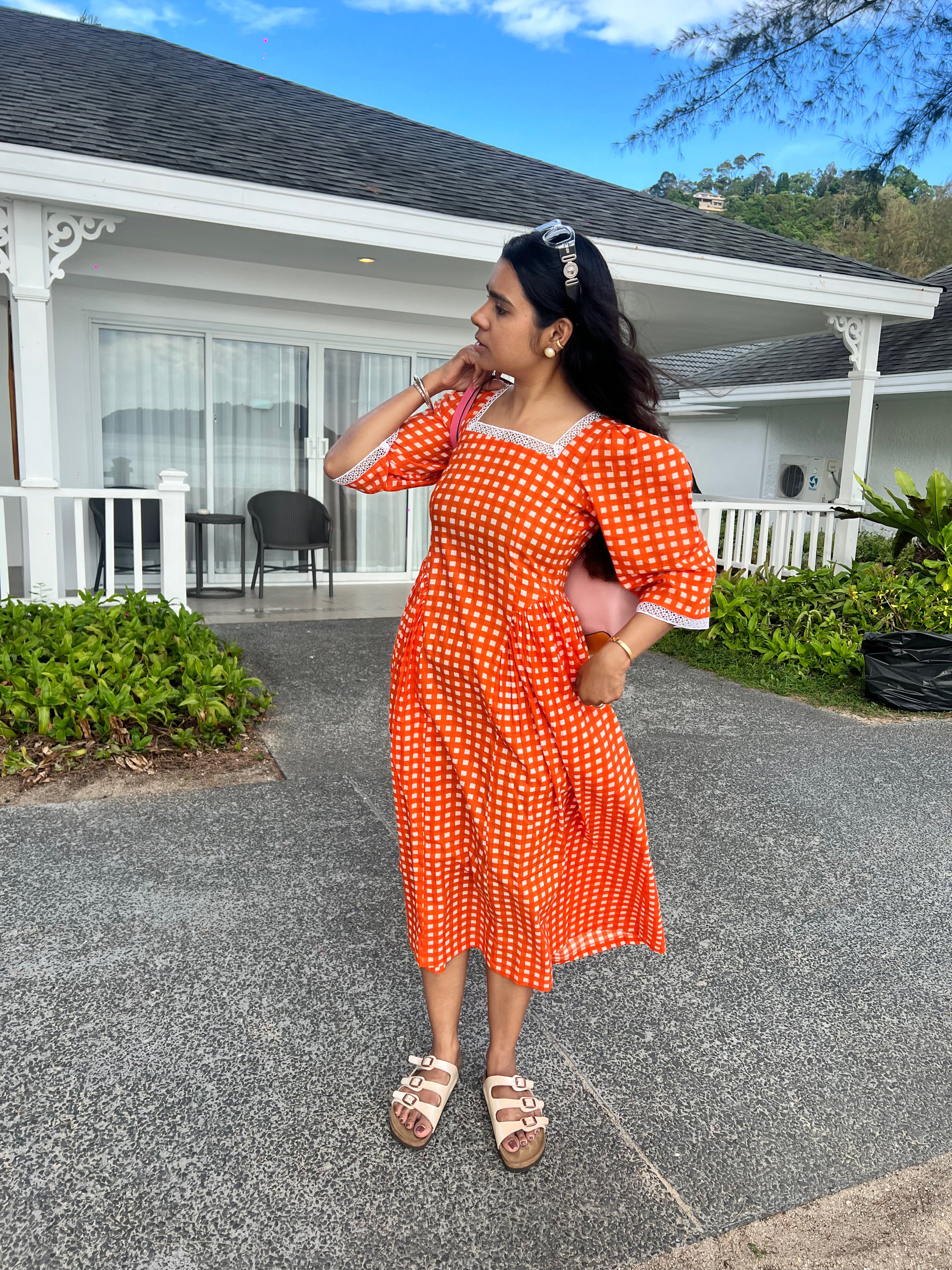 Sunset Orange Gingham Cotton Midi Dress