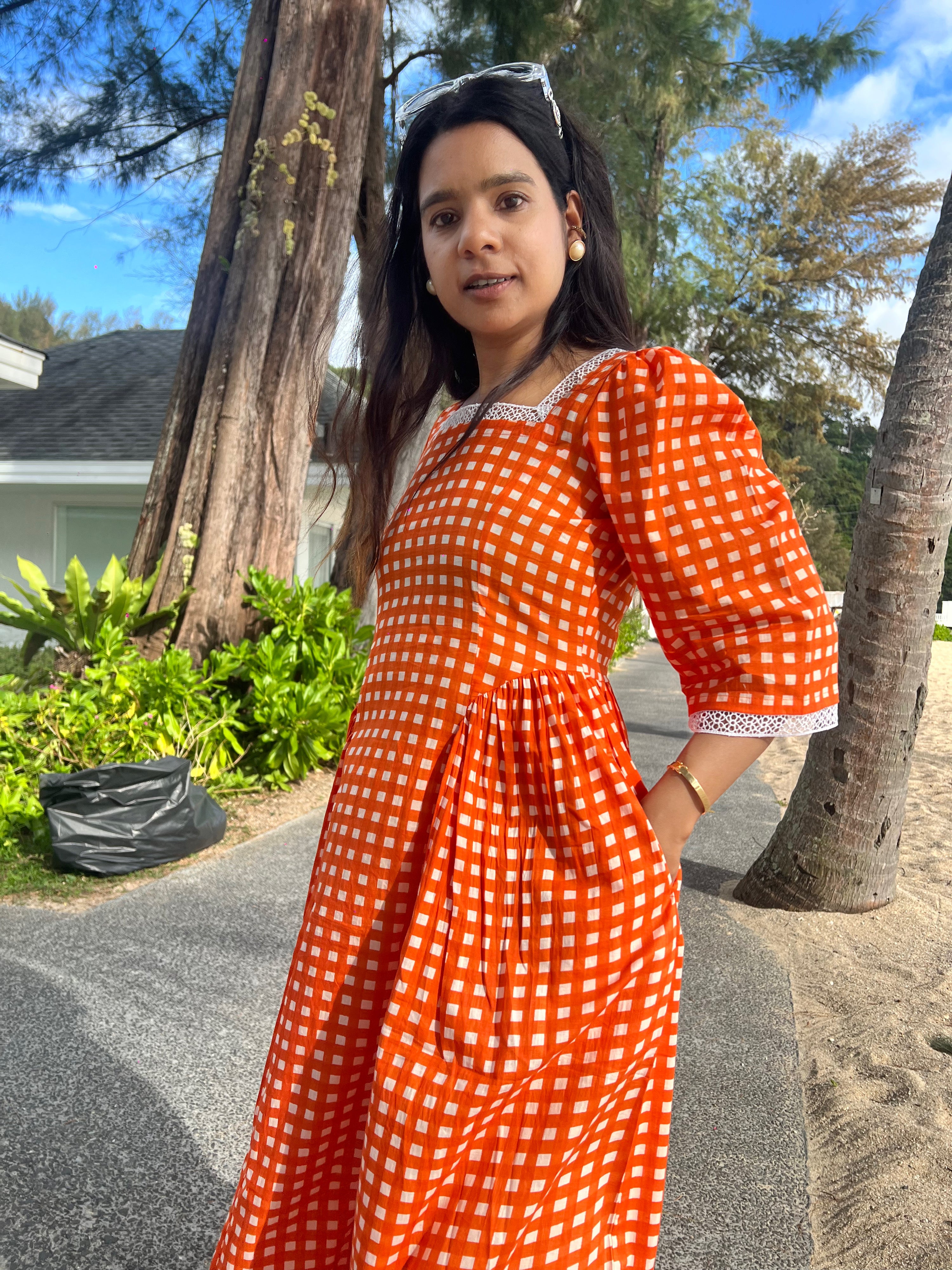Sunset Orange Gingham Cotton Midi Dress