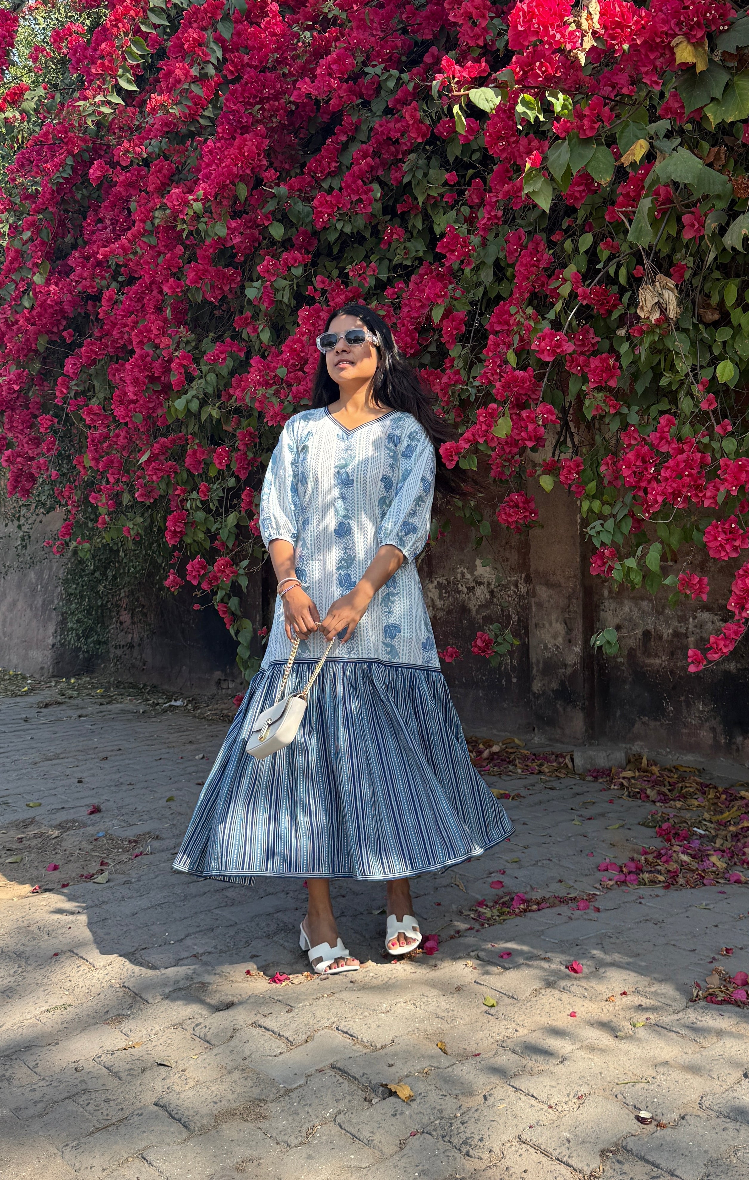 Blue Spring Tiered Dress with slit