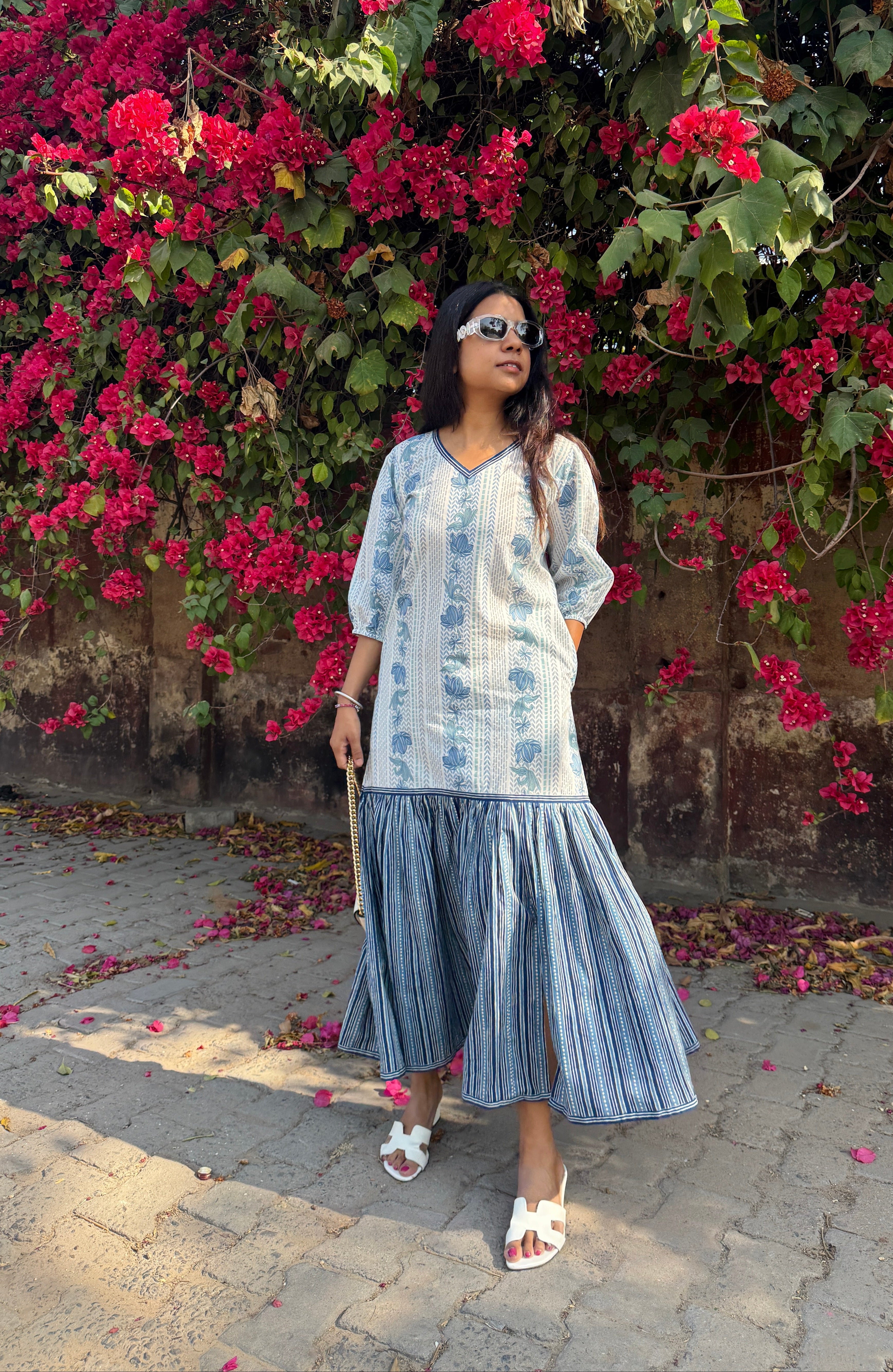 Blue Spring Tiered Dress with slit