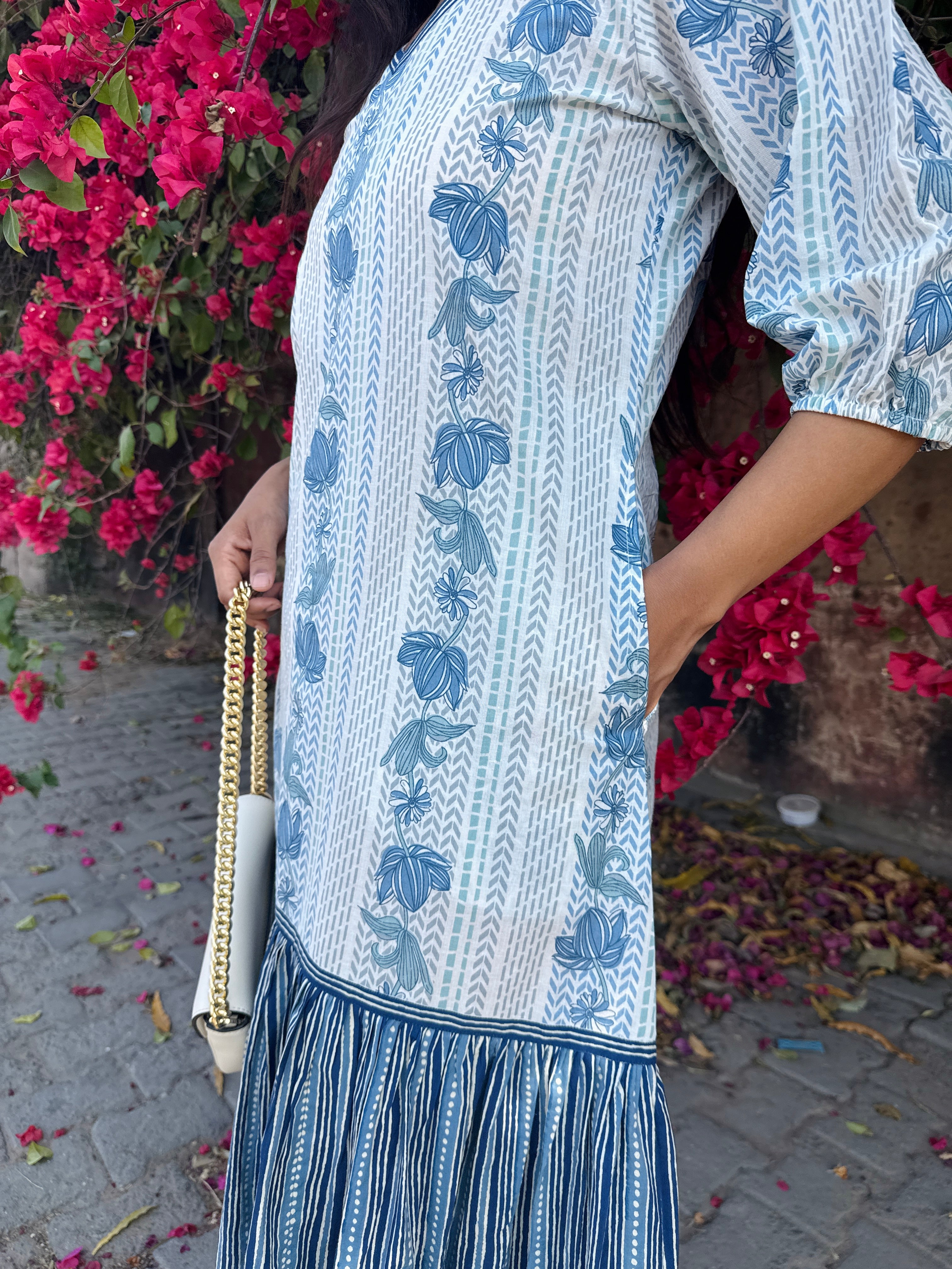 Blue Spring Tiered Dress with slit