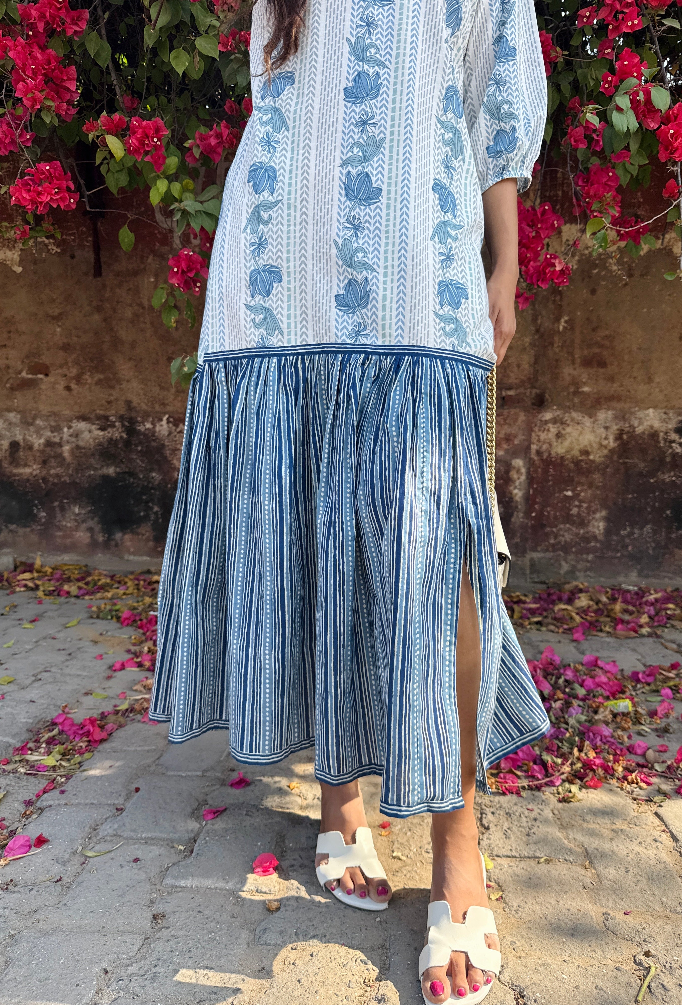 Blue Spring Tiered Dress with slit