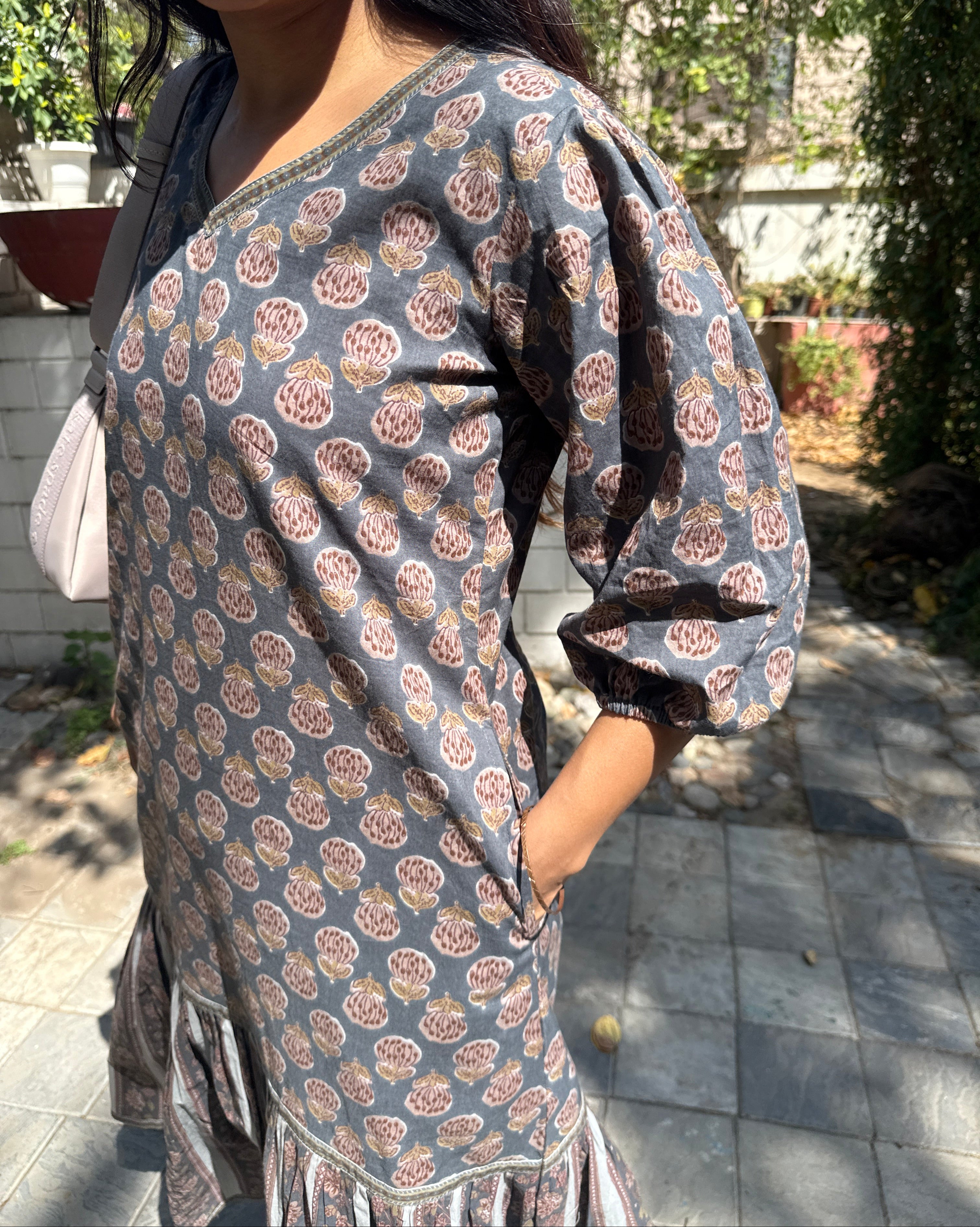 Handblock Tiered Dress with slit in Dusty Grey