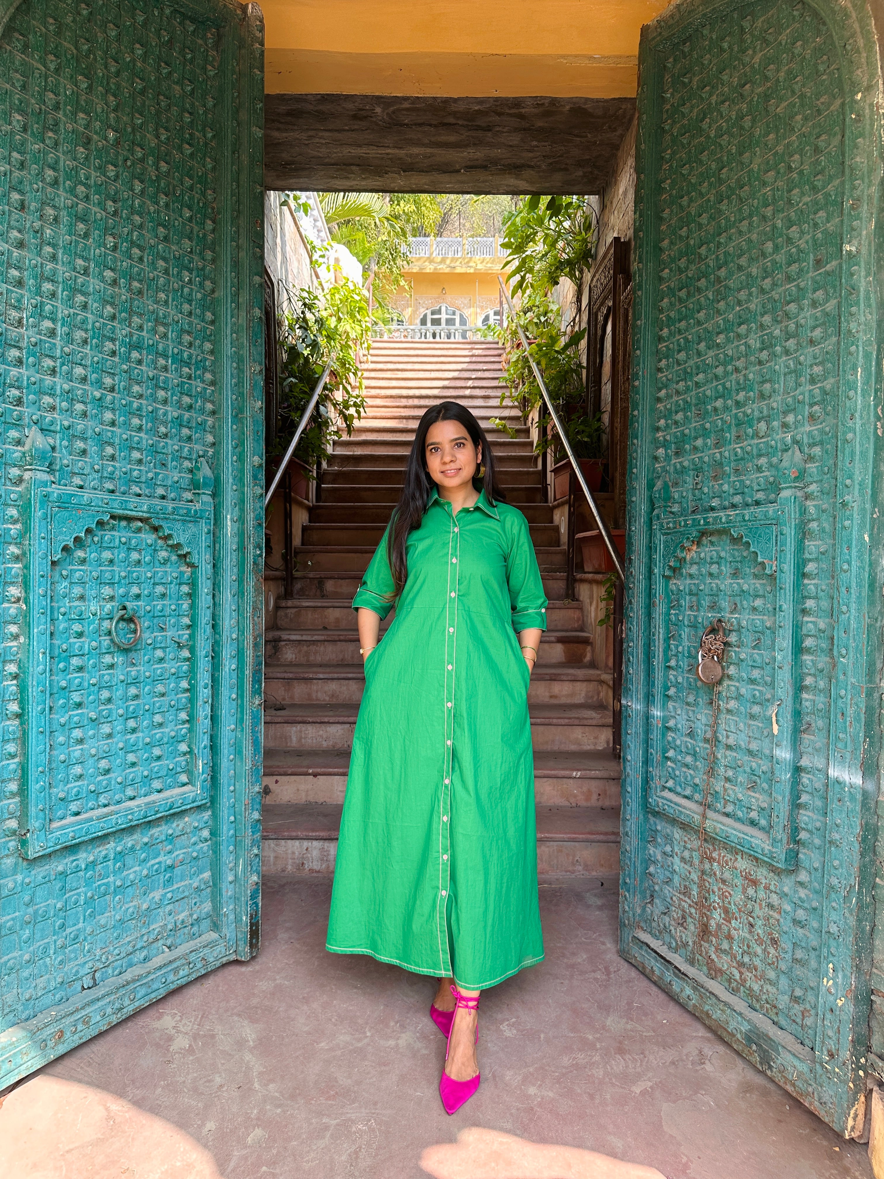 Green Poplin button down dress