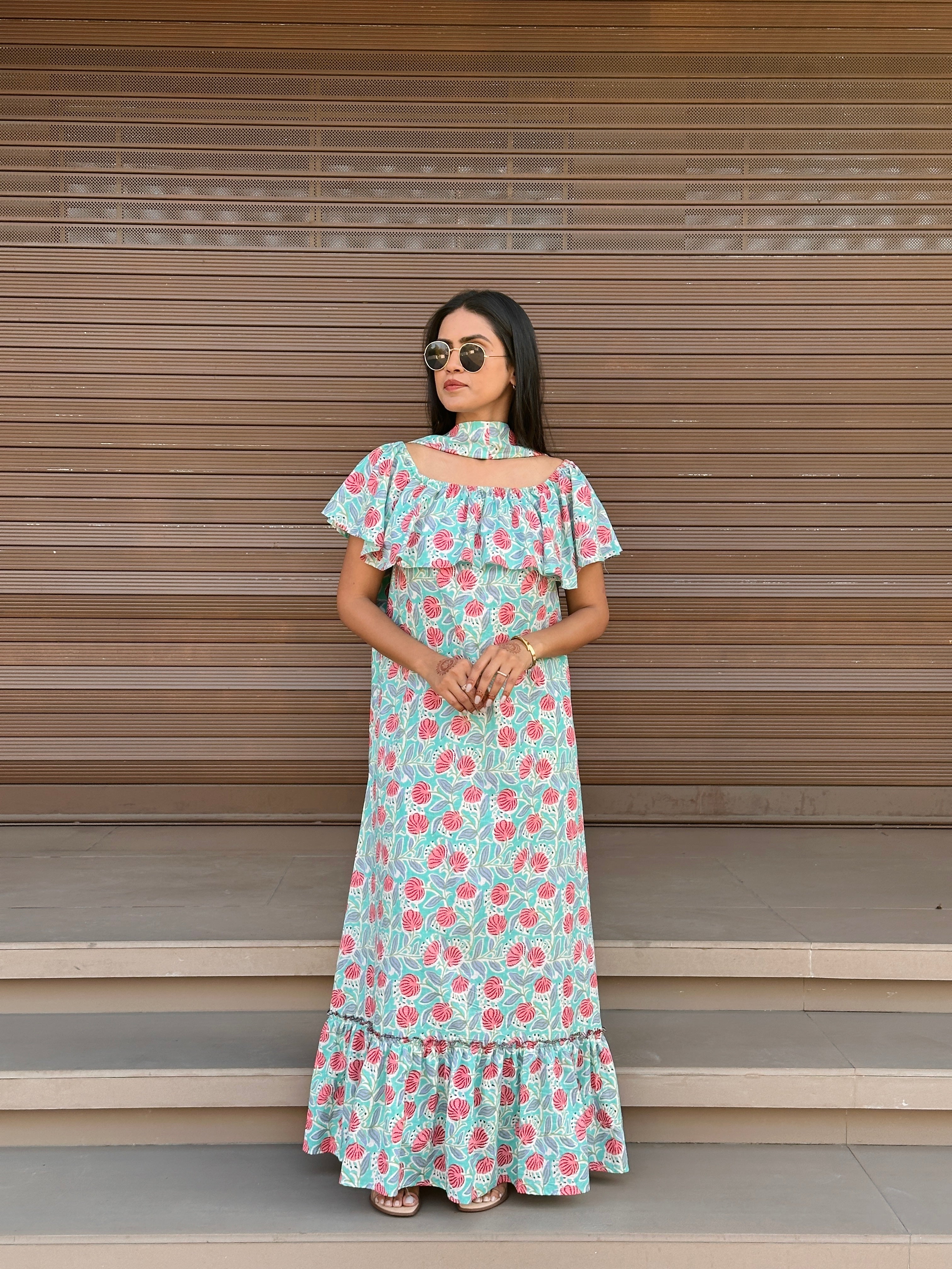 Mint cotton long dress with scarf