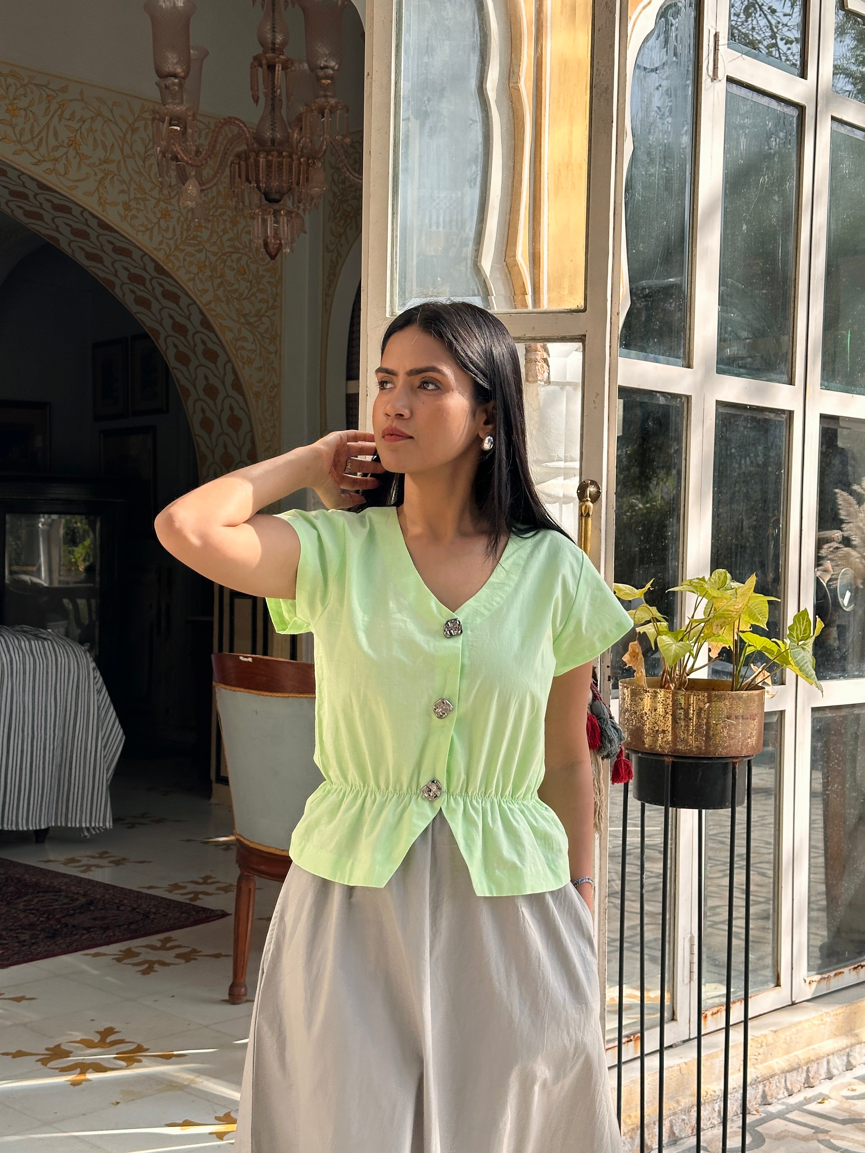 Matcha Green and Grey poplin waisted dress