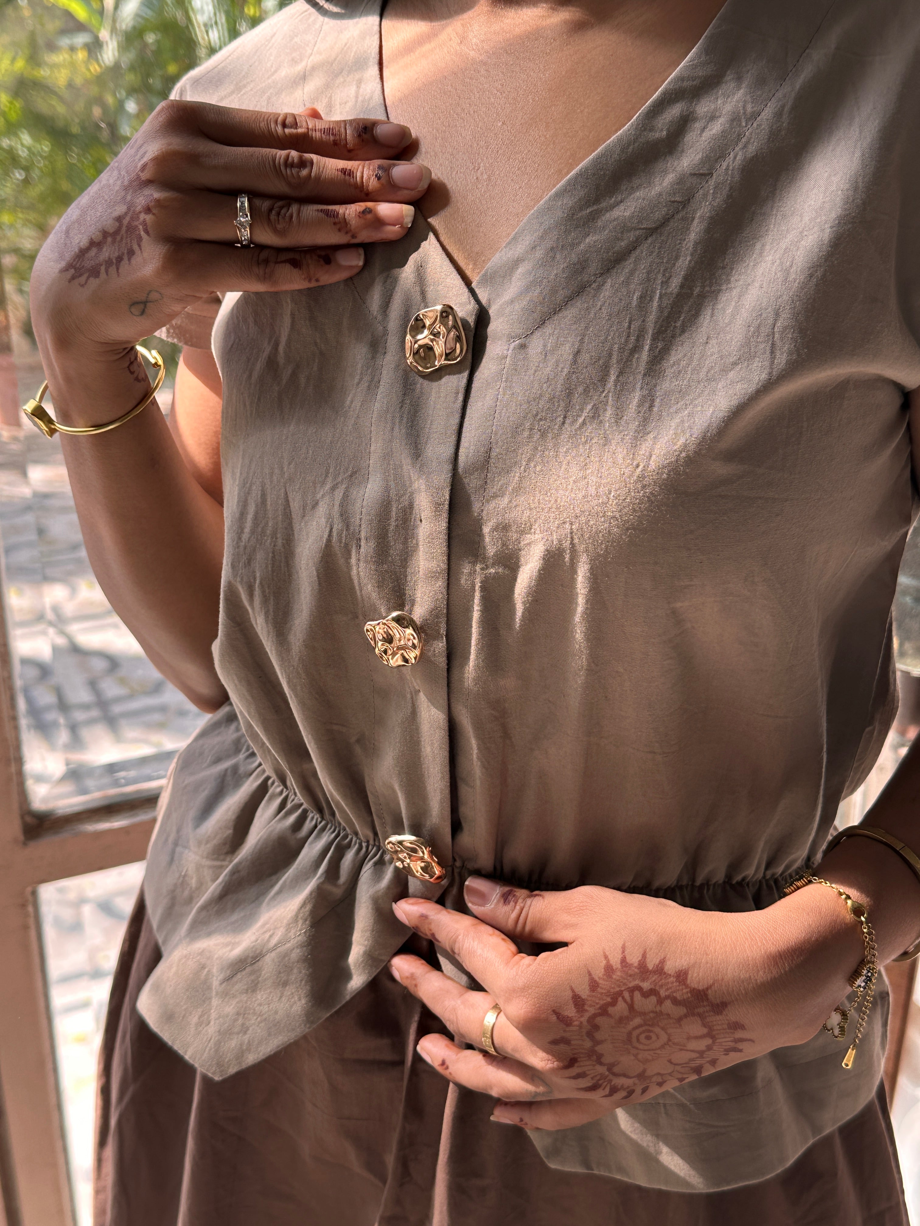 Earthy grey and Brown Poplin waisted dress