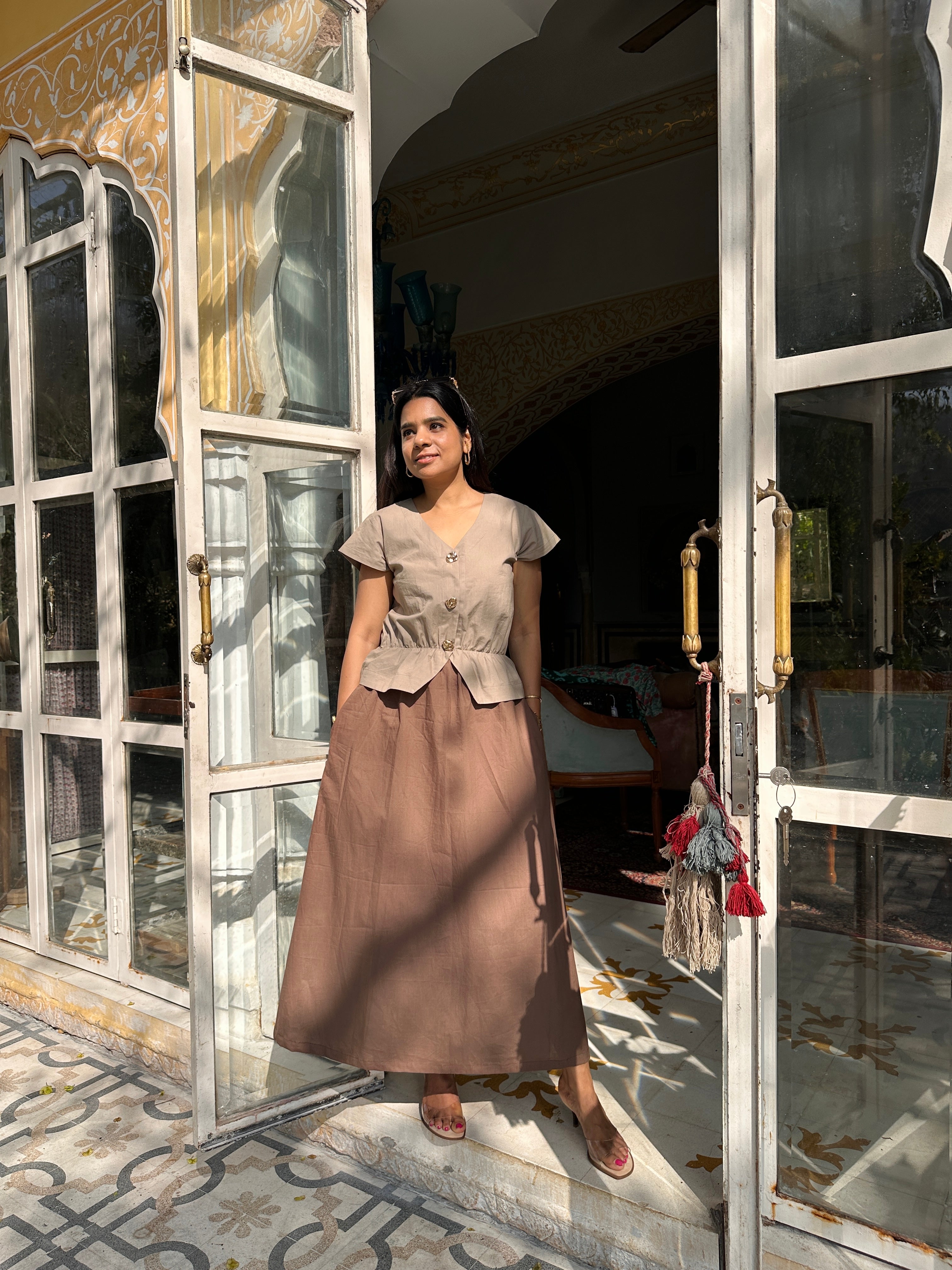 Earthy grey and Brown Poplin waisted dress