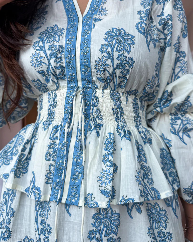 Hand-blocked White & Blue Elasticated Matching Couple Set