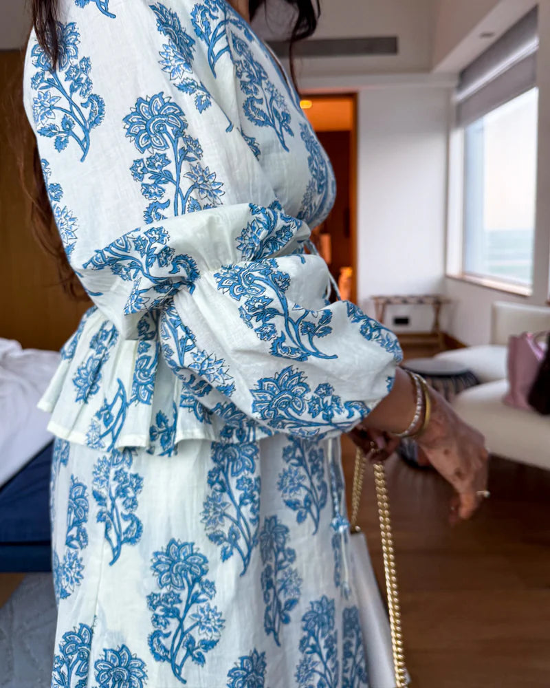 Hand-blocked White & Blue Elasticated Matching Couple Set