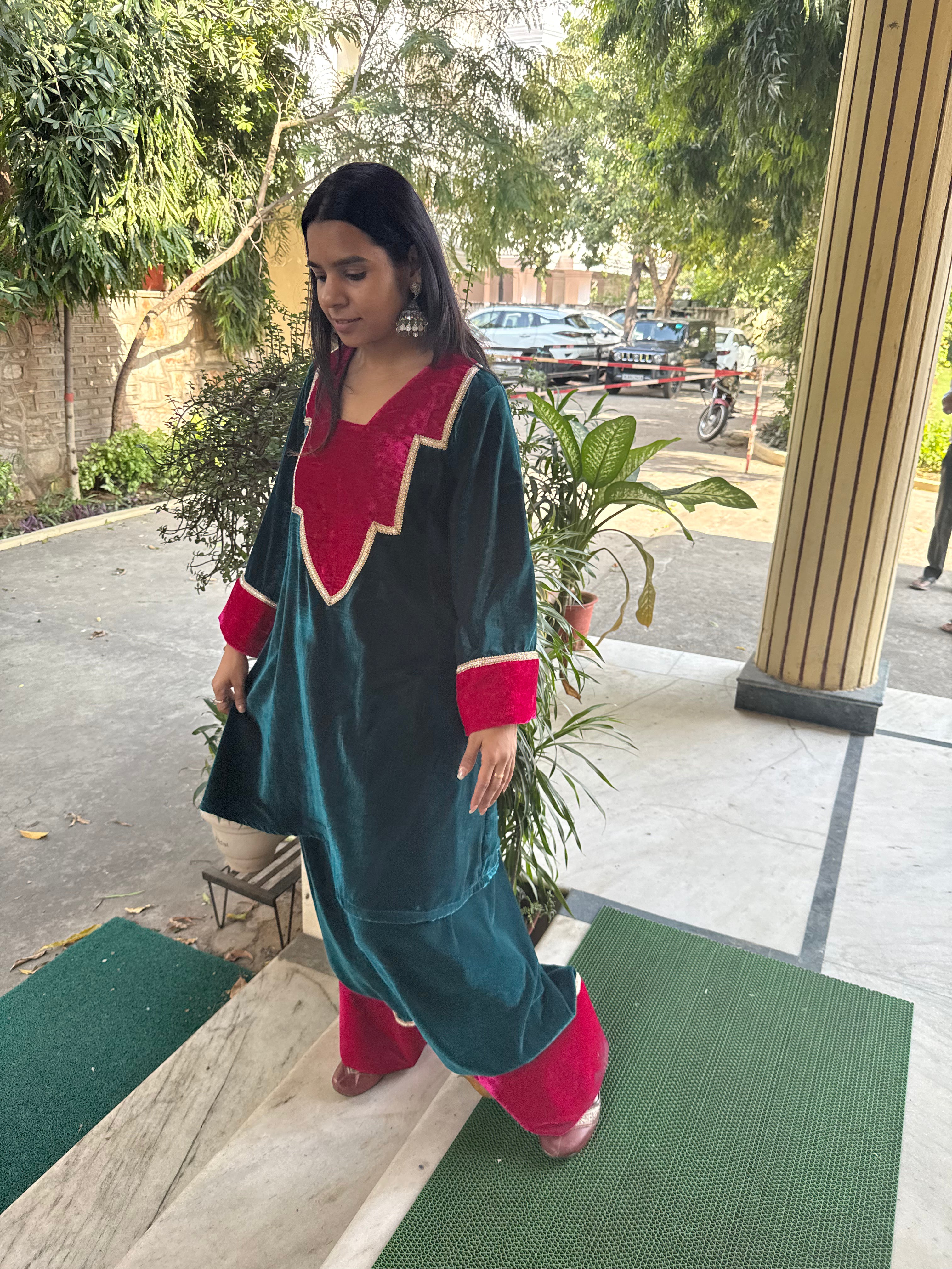 Teal Green Velvet Festive Farshi Salwar Set