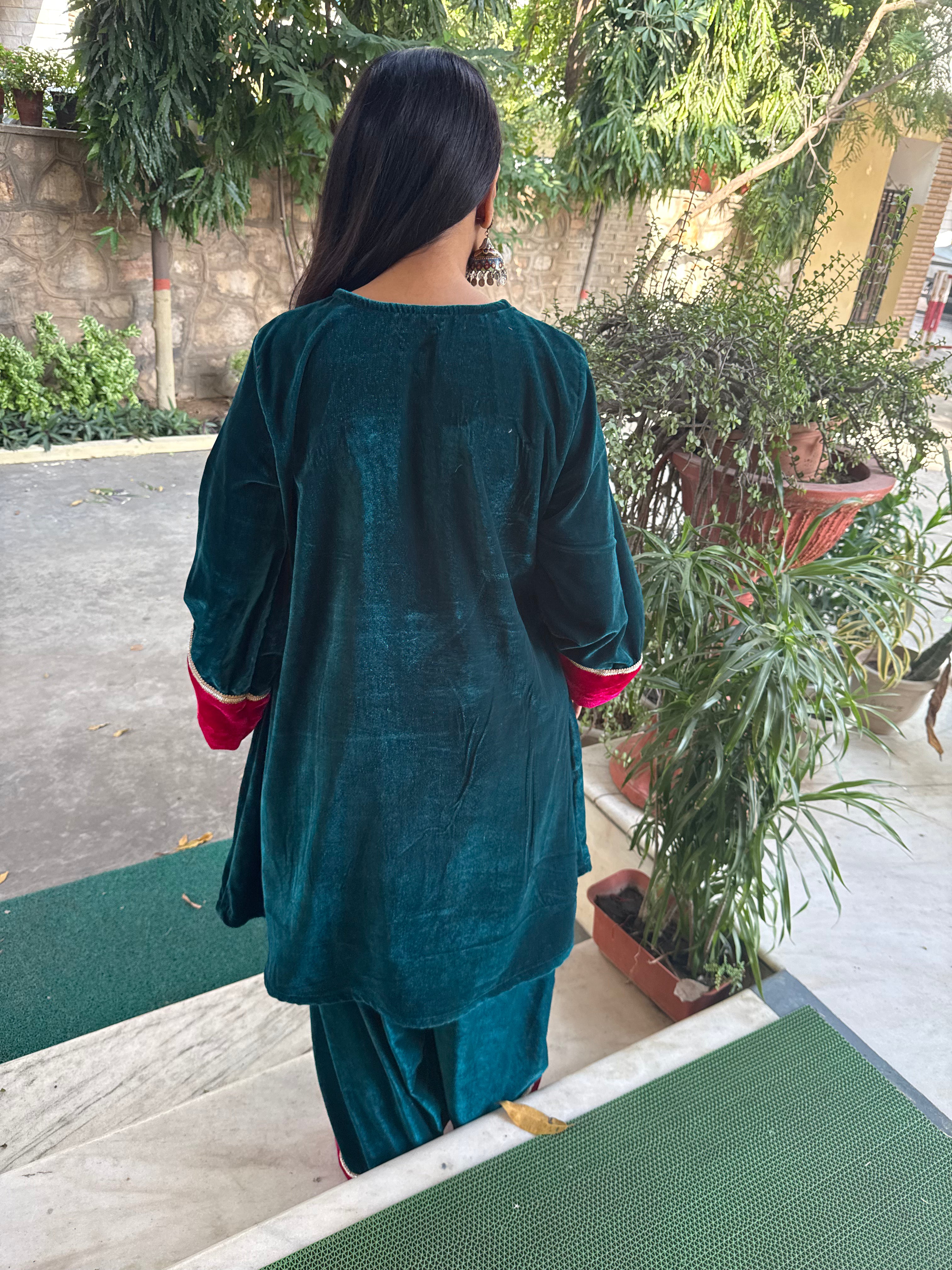 Teal Green Velvet Festive Farshi Salwar Set