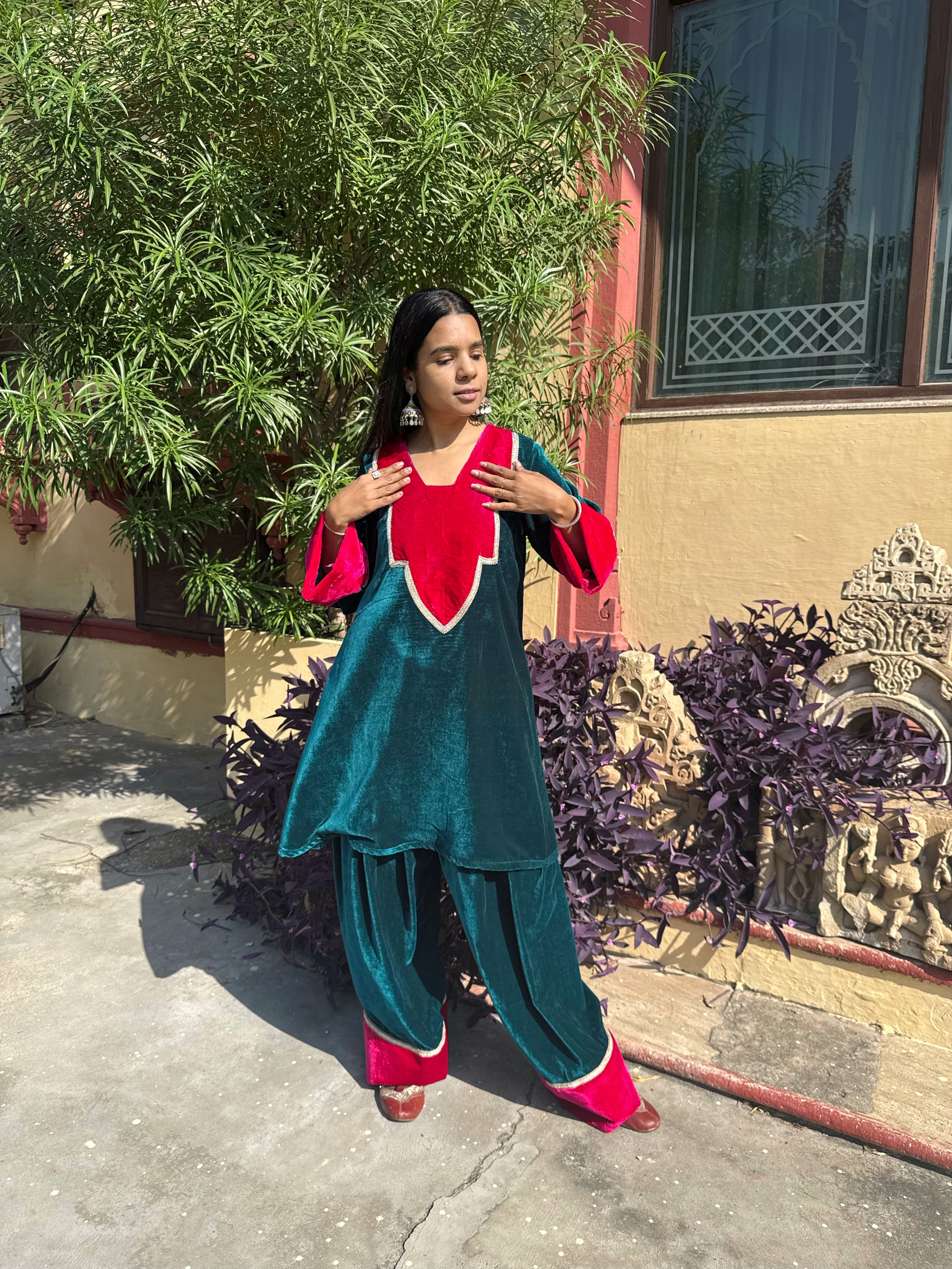 Teal Green Velvet Festive Farshi Salwar Set