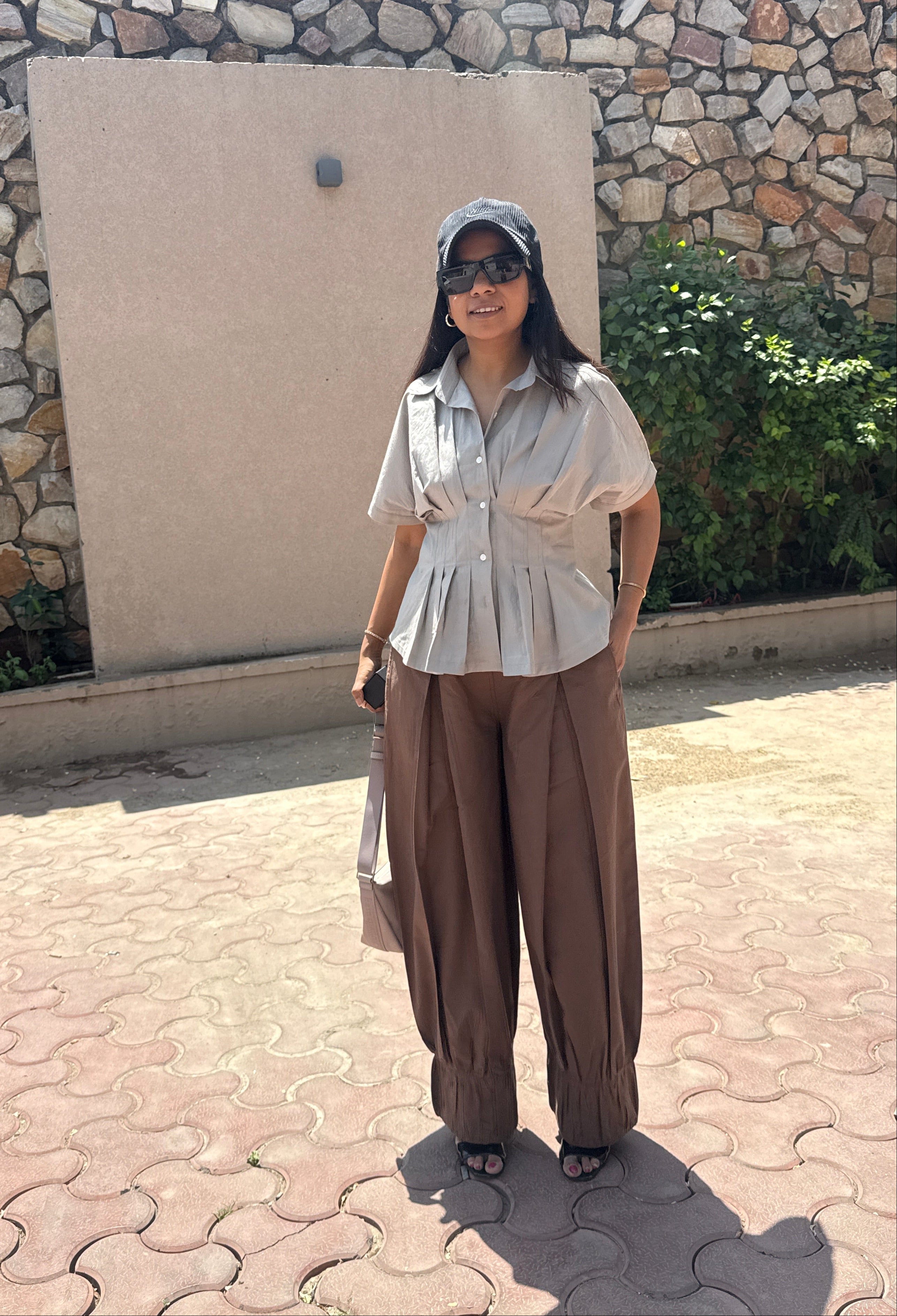 Fitted Shirt & Balloon Pant set - Grey Brown