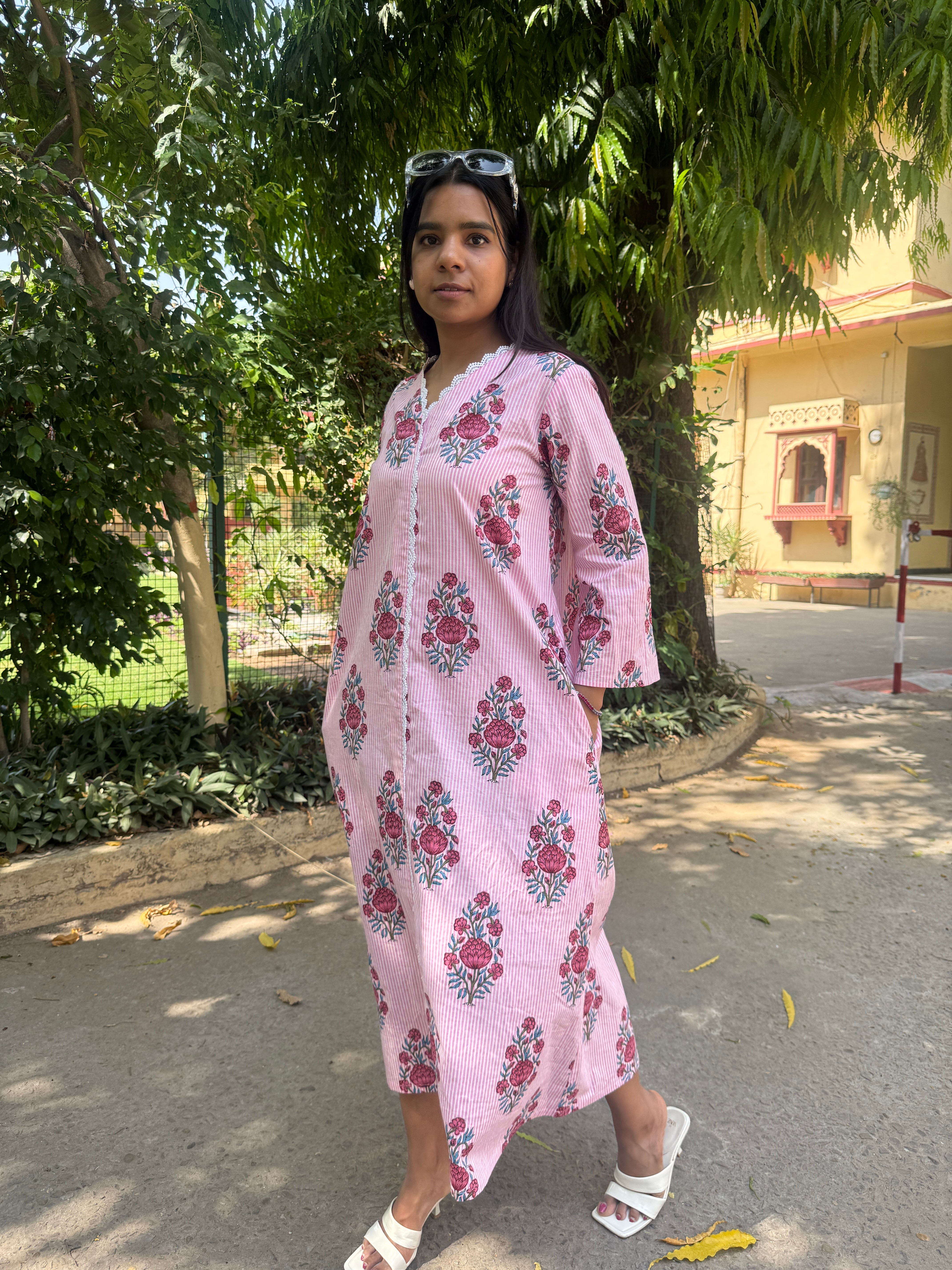 Pink Striped Lace Dress with Belt