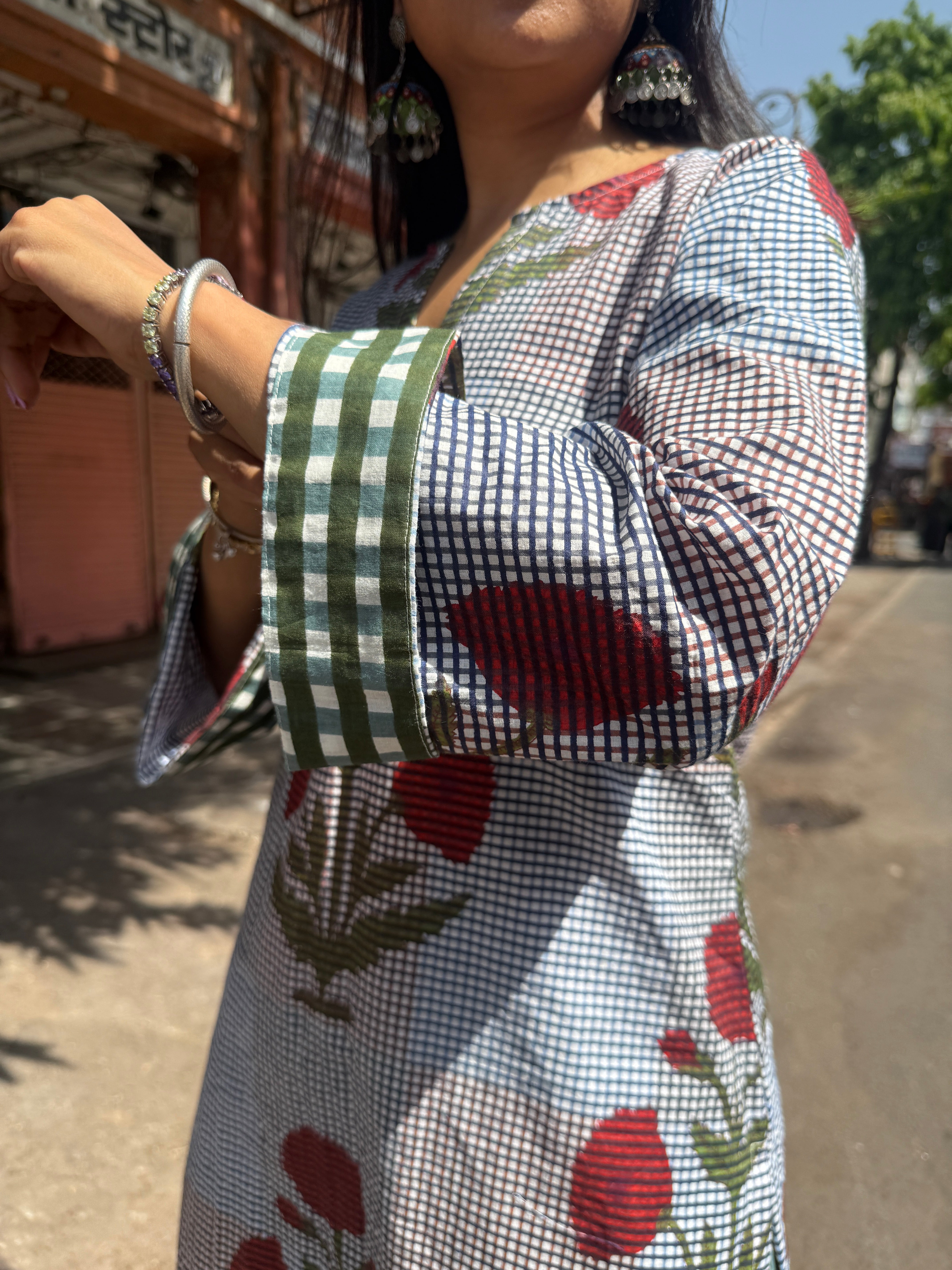 Multicolor Printed Kurti Green Gingham Farshi set
