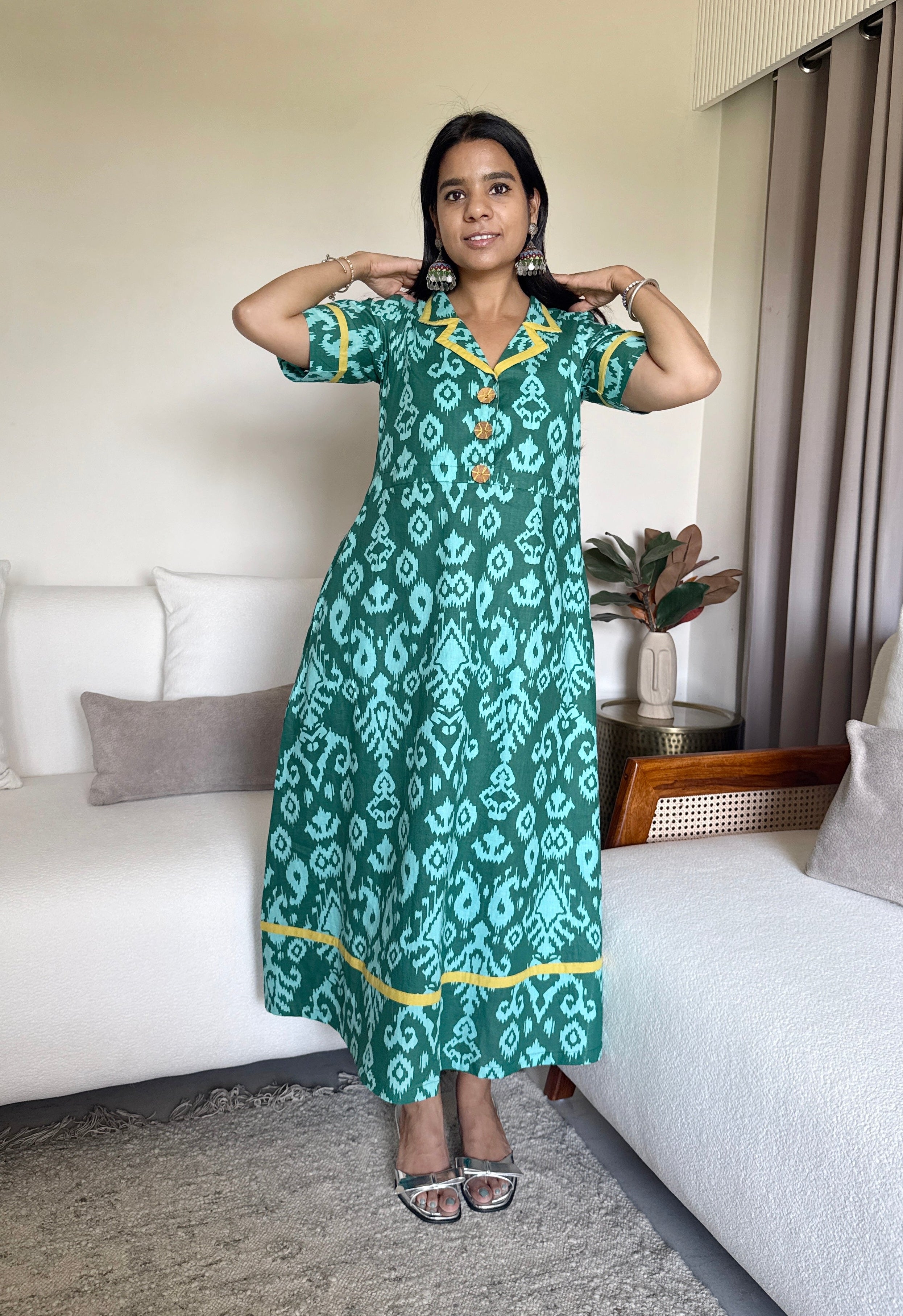 Green Ikat Fit Flared Dress