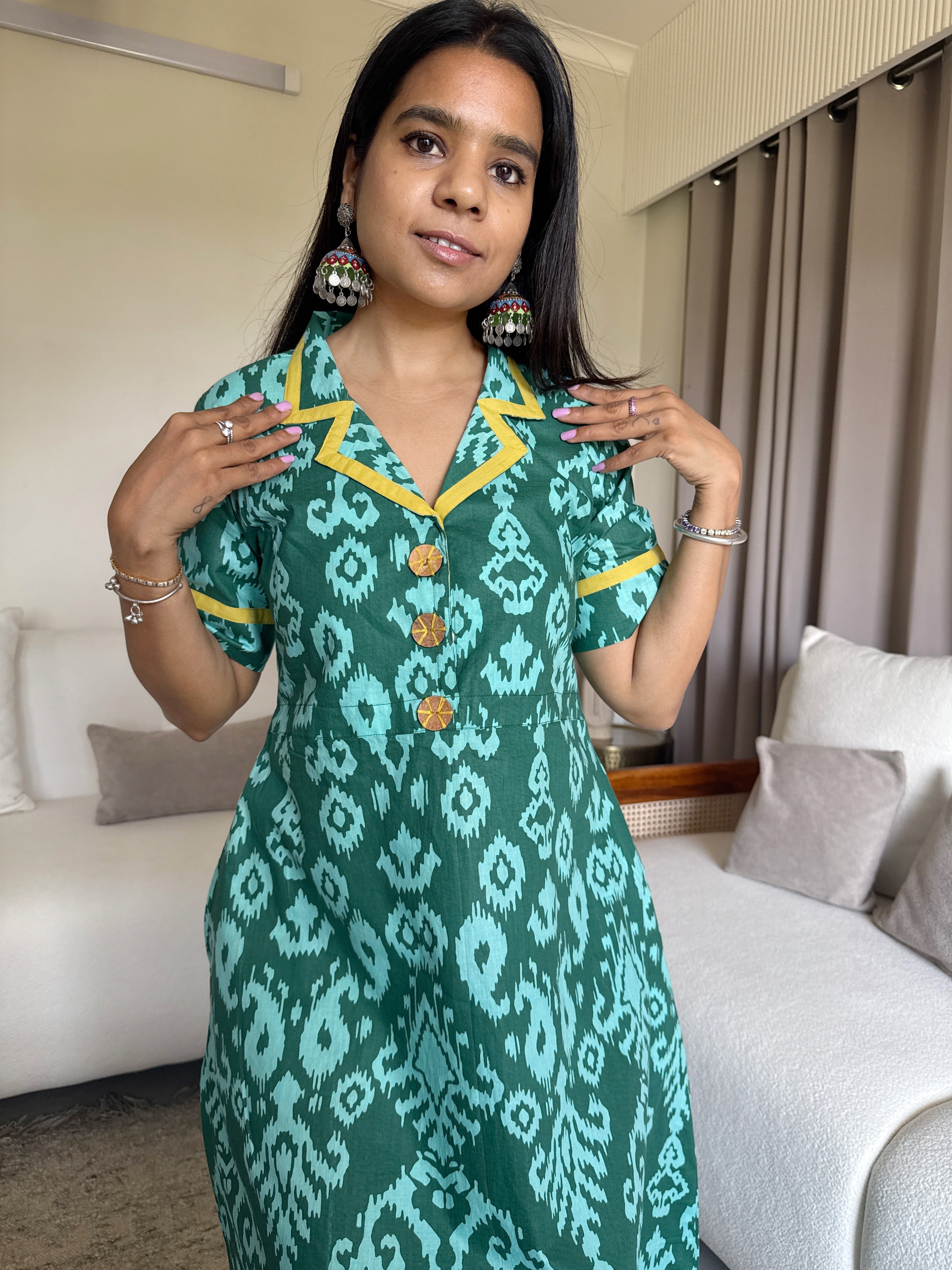 Green Ikat Fit Flared Dress