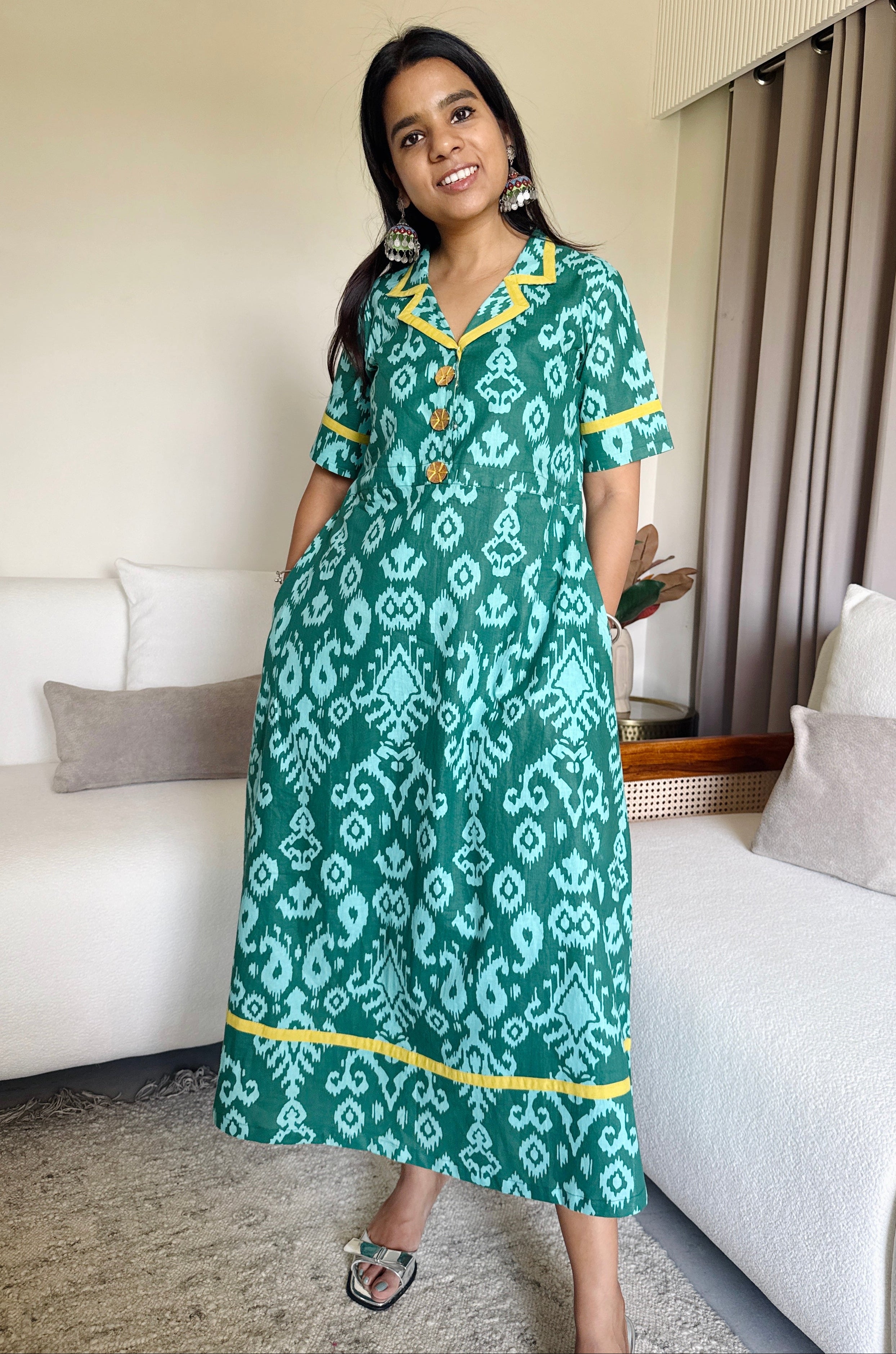 Green Ikat Fit Flared Dress