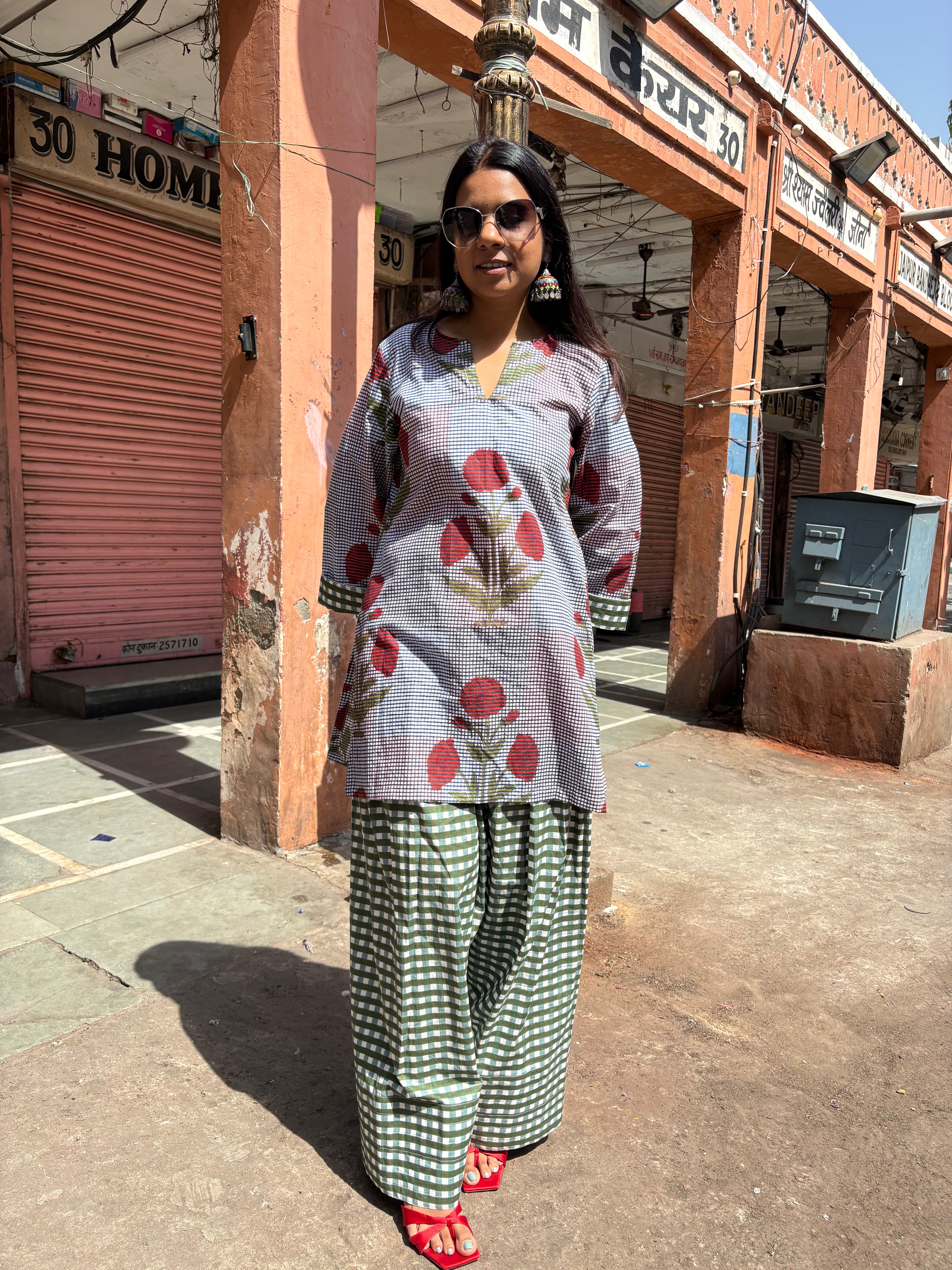 Multicolor Printed Kurti Green Gingham Farshi set