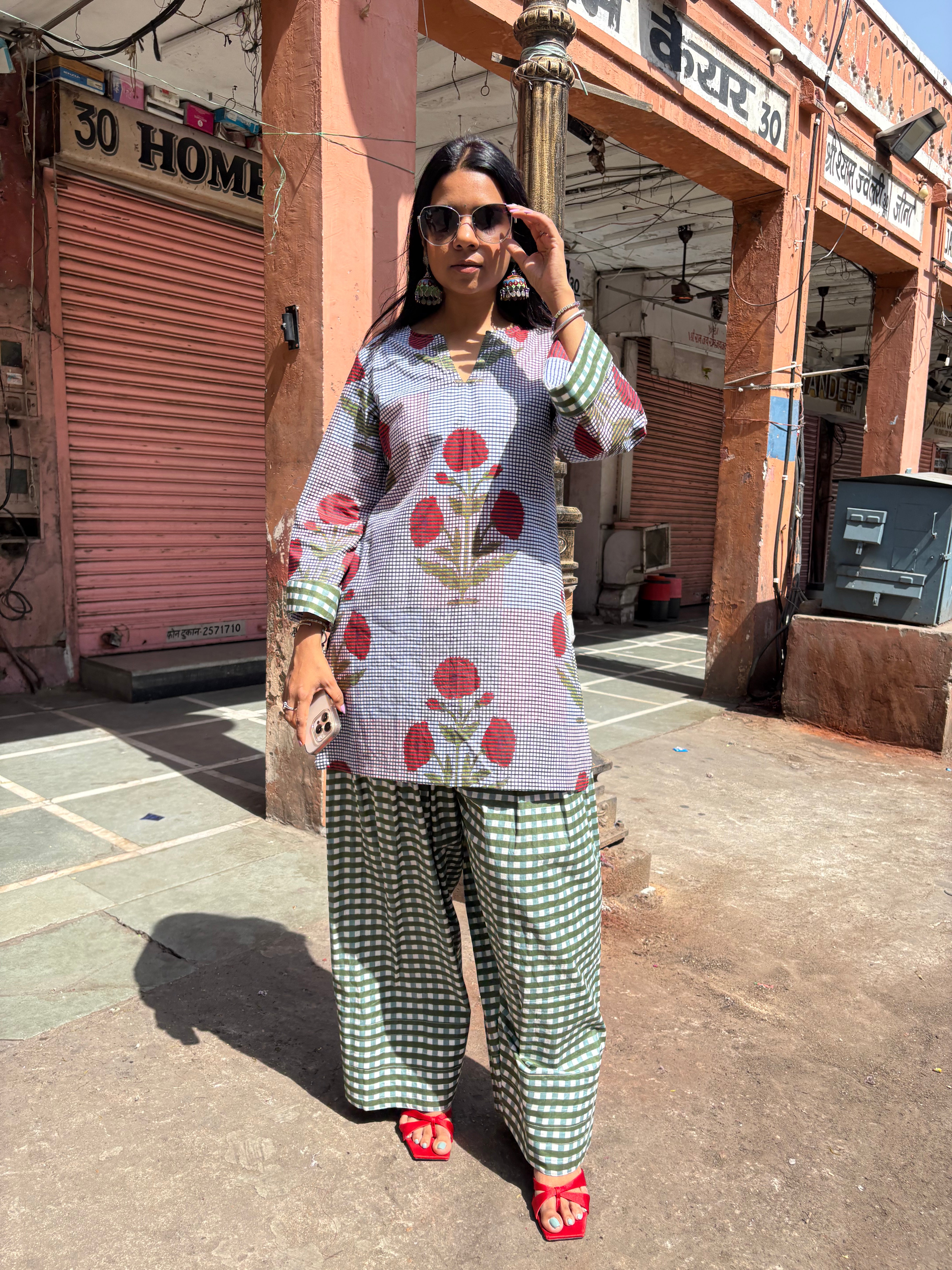 Multicolor Printed Kurti Green Gingham Farshi set