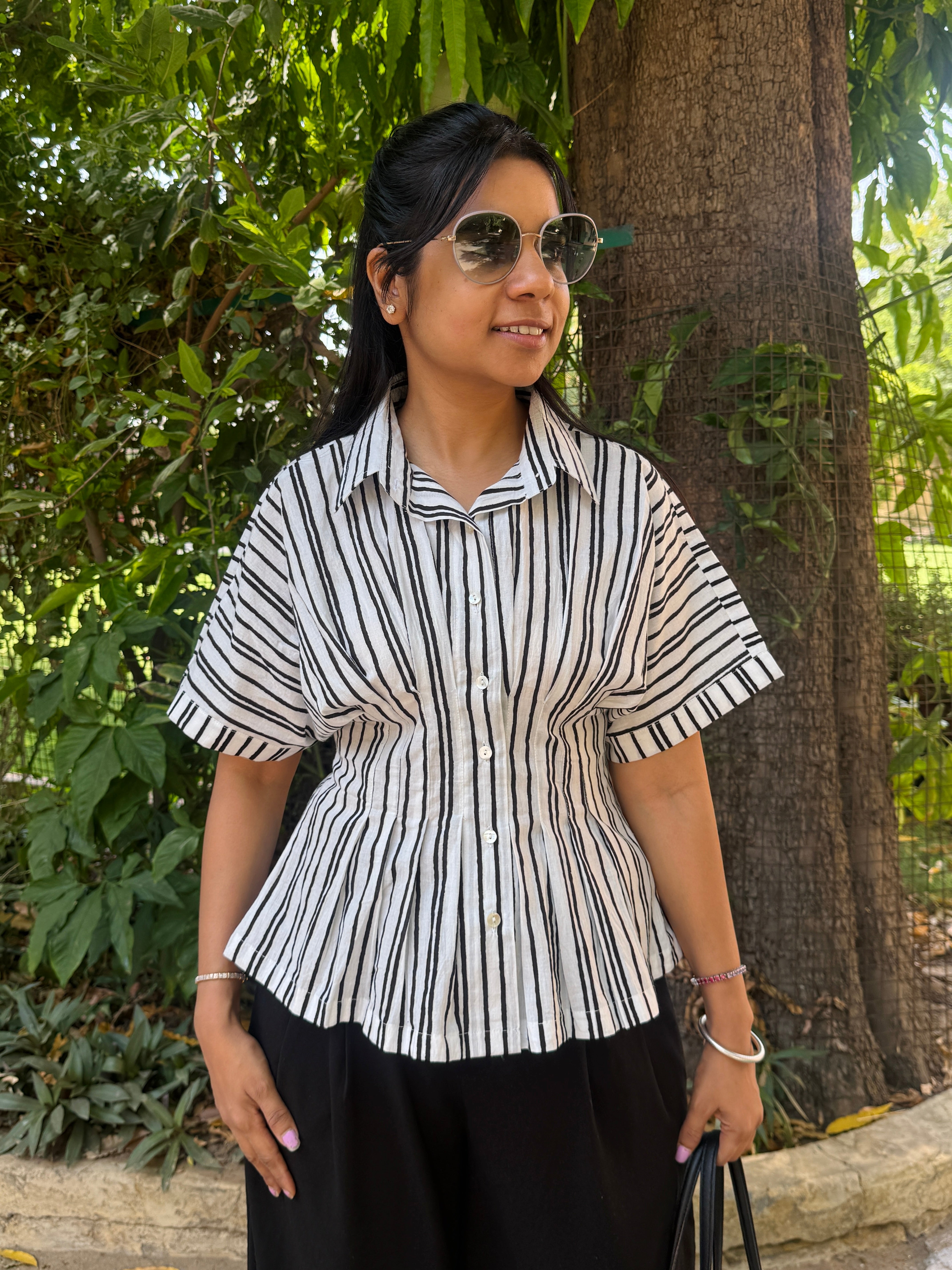 Black Stripe Cotton Fitted waist shirt