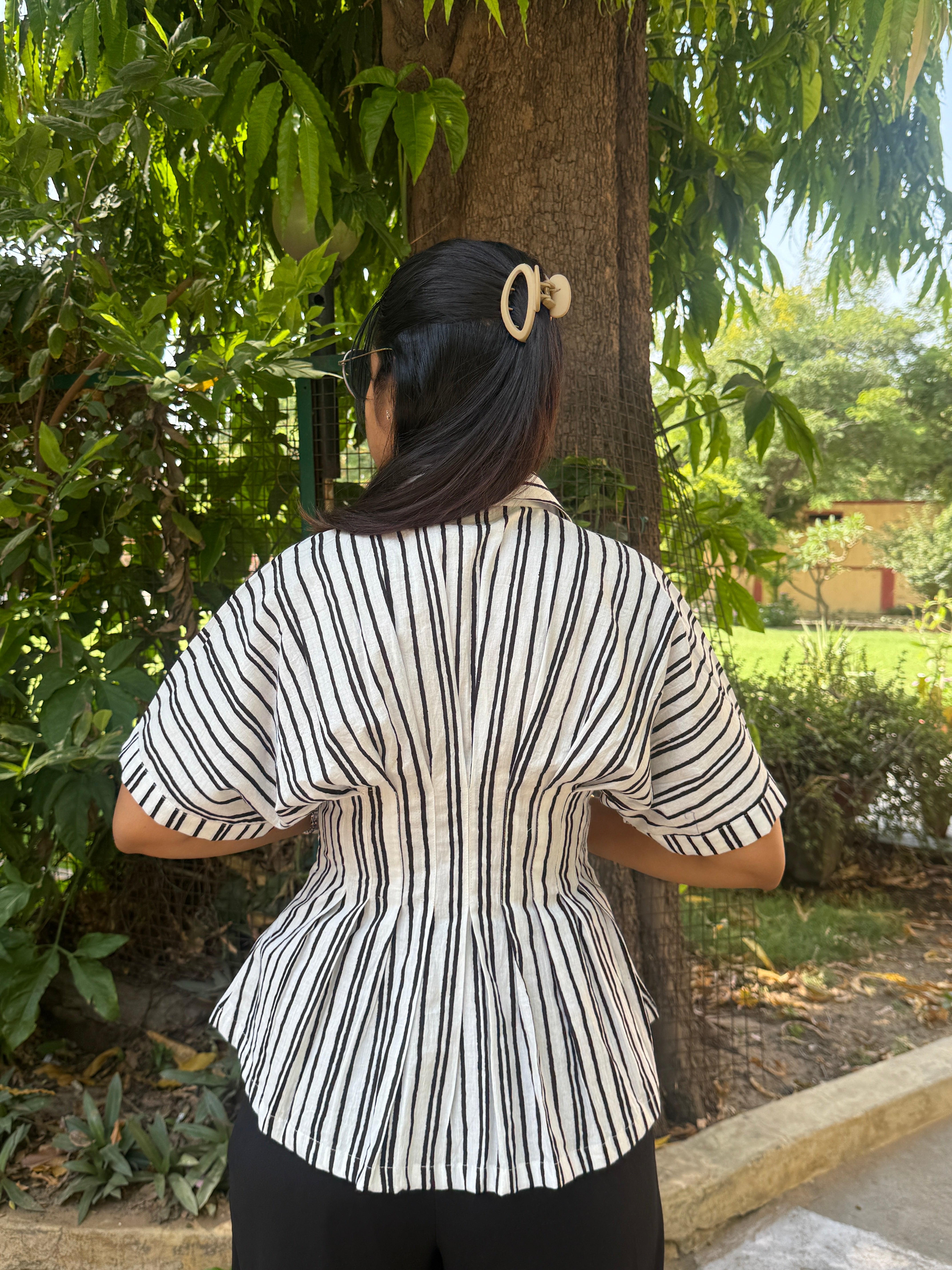 Black Stripe Cotton Fitted waist shirt