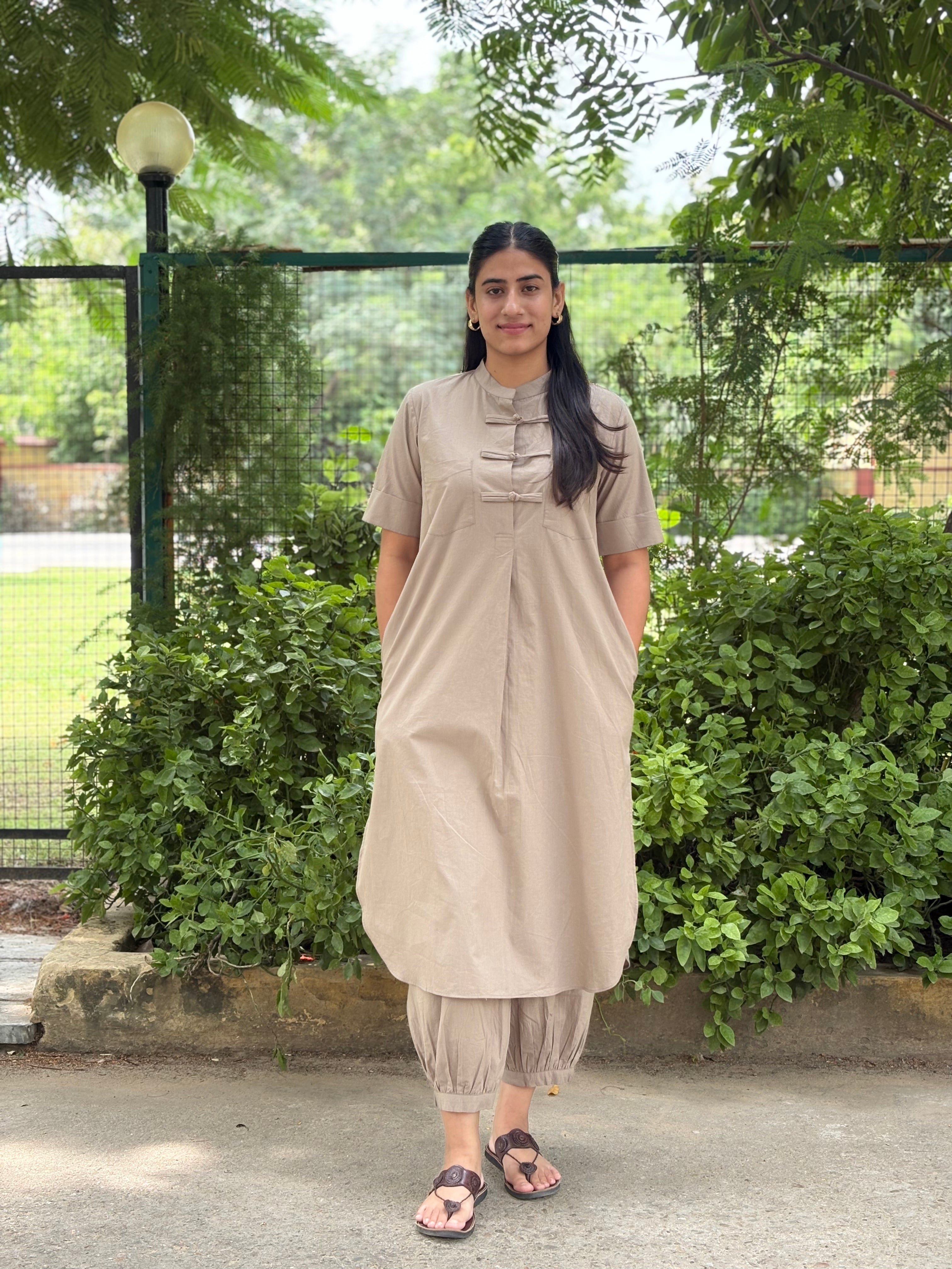 Earthy Grey Mandarin Collar Co-Ord Set