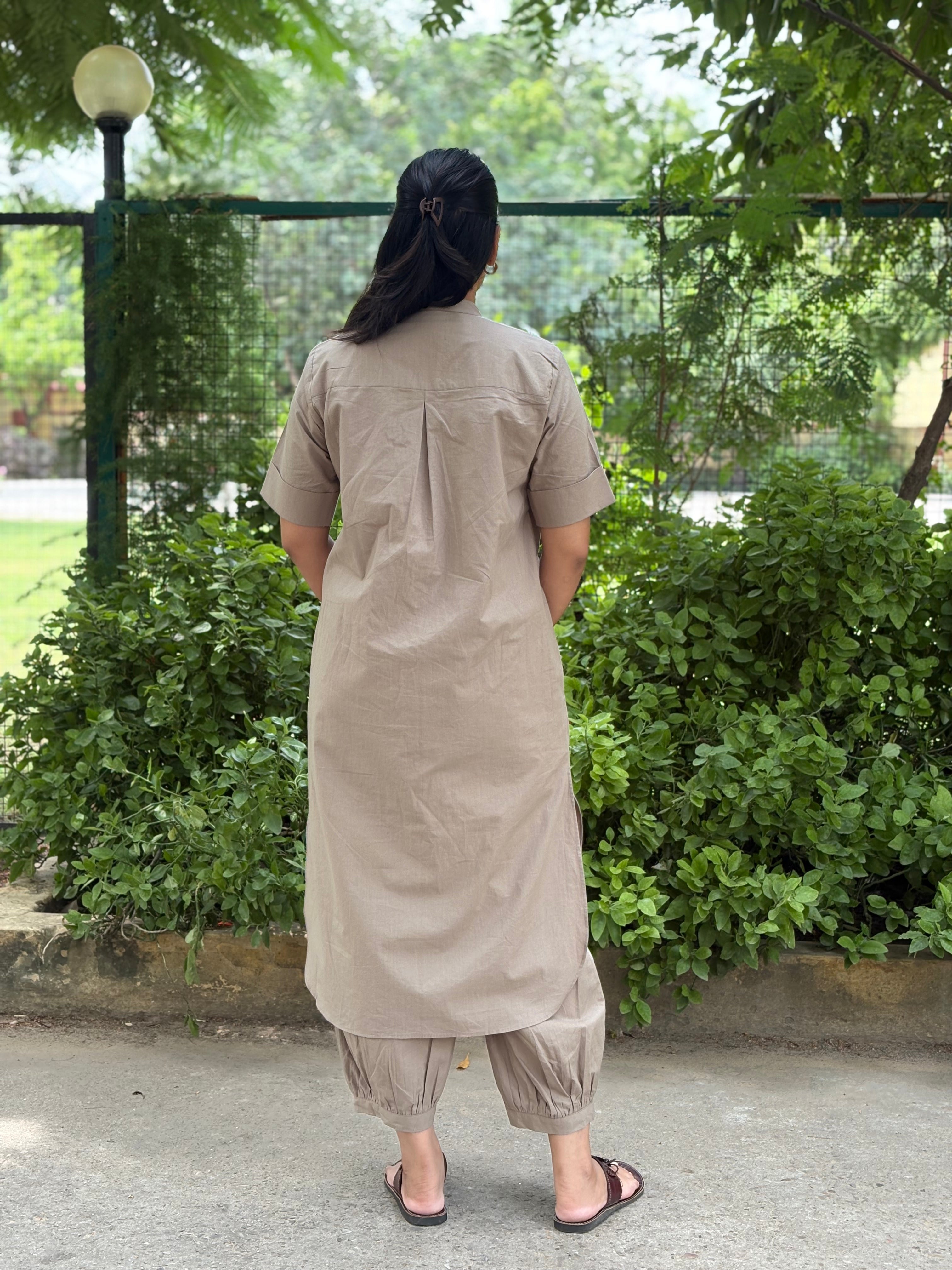 Earthy Grey Mandarin Collar Co-Ord Set