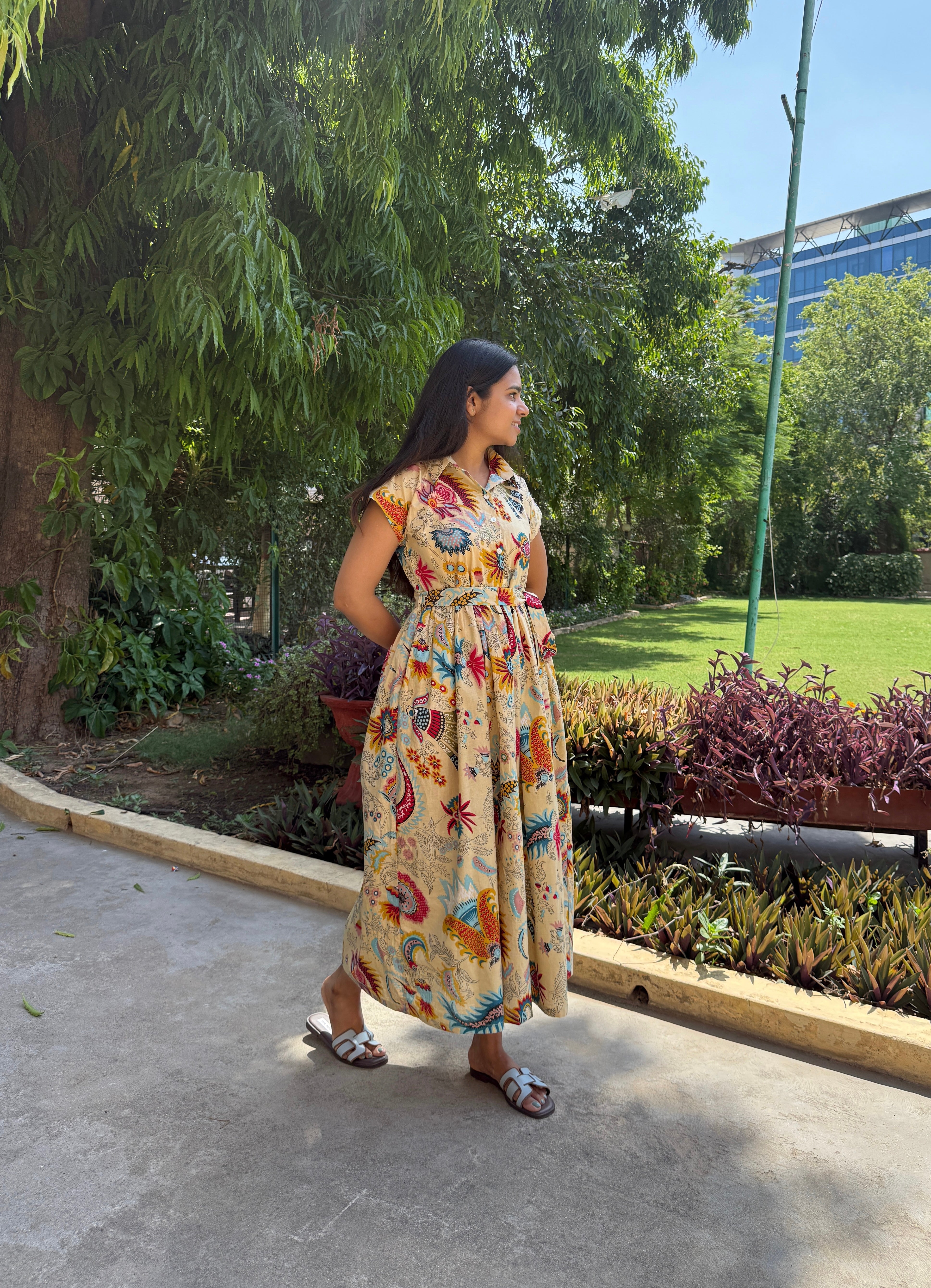 Vintage Print Belt Dress
